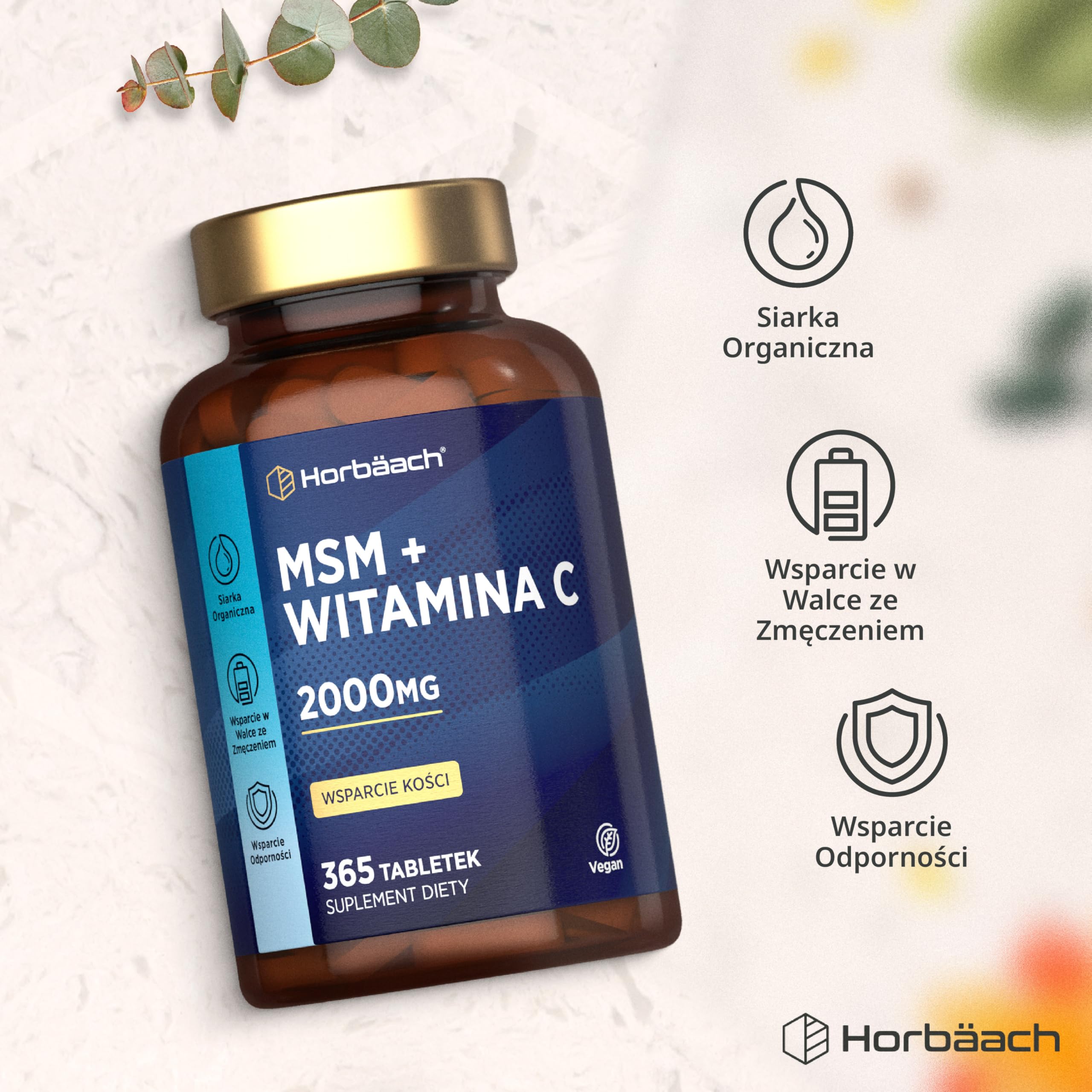 MSM Suplement 2000mg z Witaminą C | Wysoka dawka Metylosulfonylometanu (MSM) z Wit. C | 365 Wegańskich Tabletek | Firma Horbaach