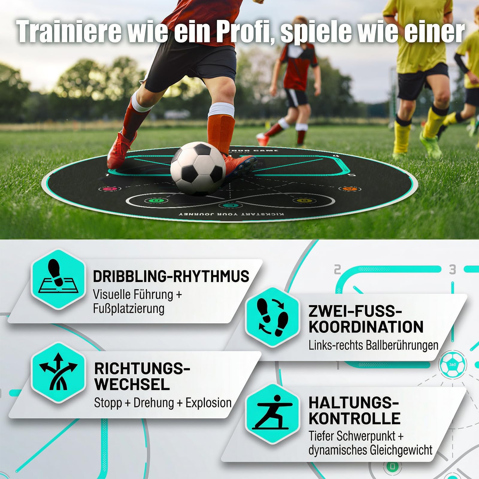 360° Fußball Trainingsmatte Kinder & Erwachsene – Rutschfeste Geräuscharme Fußballmatte für Ballkontrolle, Koordination, Agility & Footwork Training, Fußball Trainer für Indoor & Outdoor