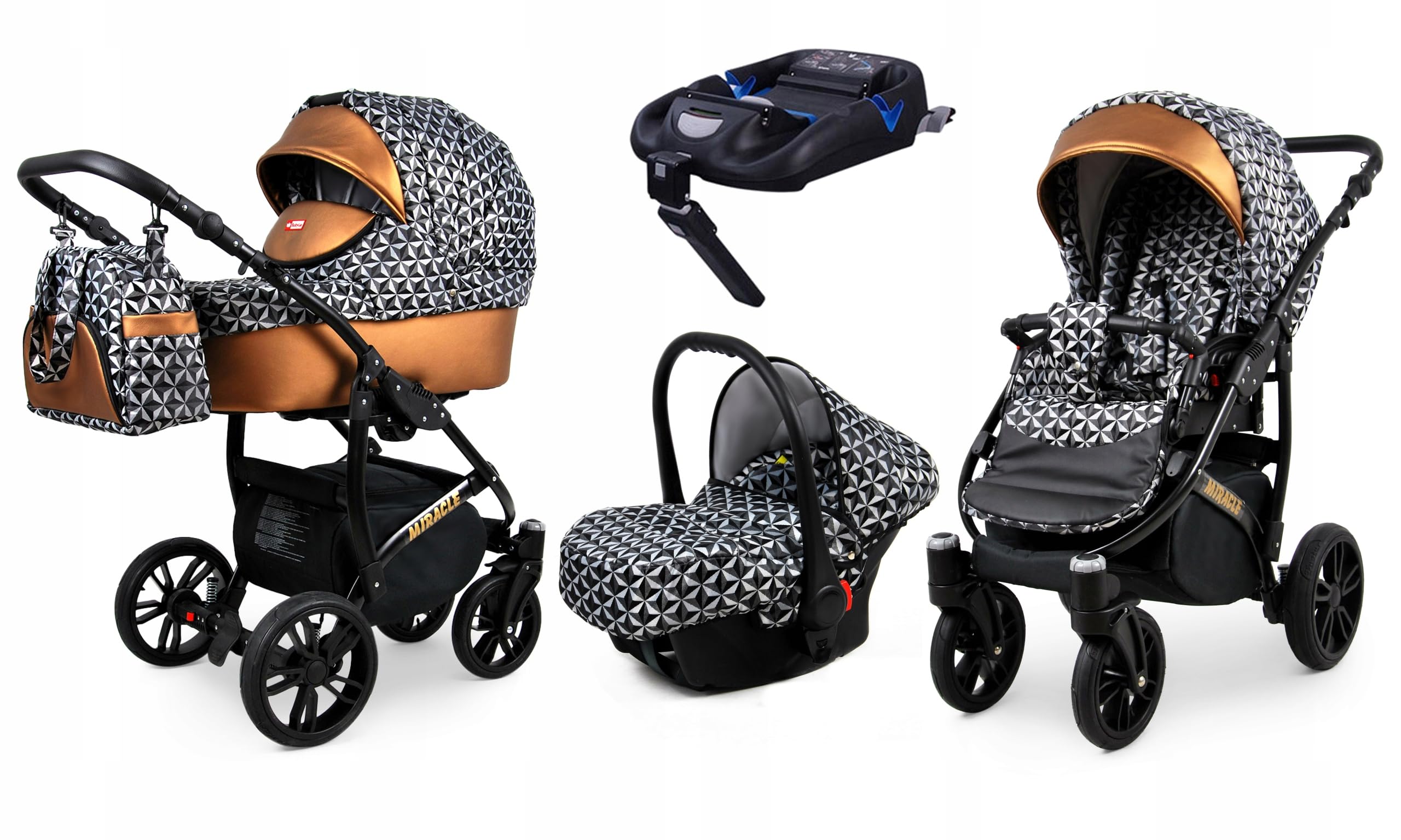 BabyLux Zestaw wózków dziecięcych 4 w 1 – Miracle – w zestawie wanienka dla niemowląt, fotelik sportowy, fotelik samochodowy, stacja bazowa ISOFIX – fotelik samochodowy – zestaw wózków dziecięcych