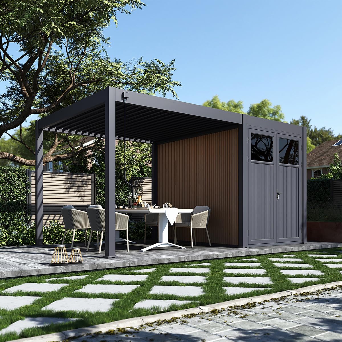 Weide Anbau-Gartenhaus | Robuste Pergola-Erweiterung aus WPC & Alu | Wetterfester Geräteschuppen 3 x 2 Anthrazit