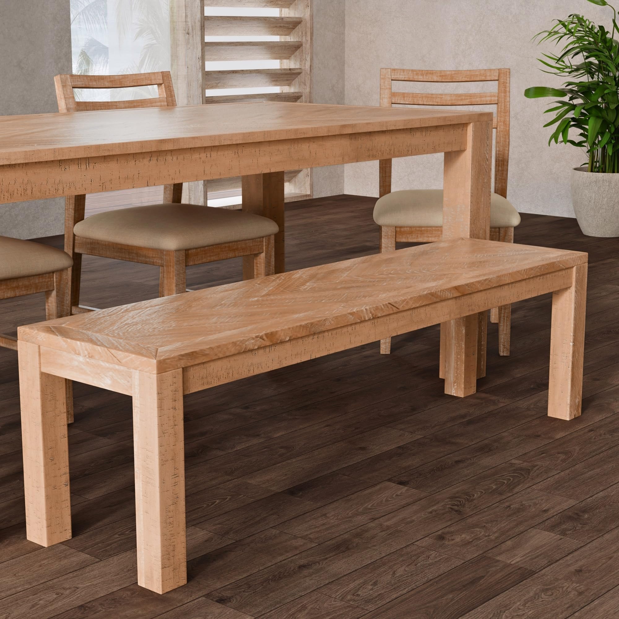 Aiden Solid Pine and Plywood Dining Bench, Weathered Natural