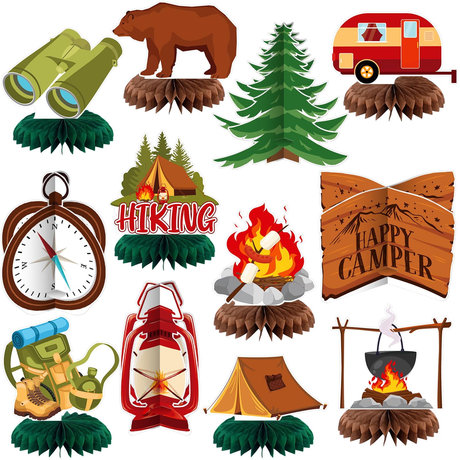 Yuntau 12 Pcs Summer Camp Decorations Happy Camper Honeycomb Centerpieces Camping Party Decoration Camping Party Table Sign Campfire Adventure Bears