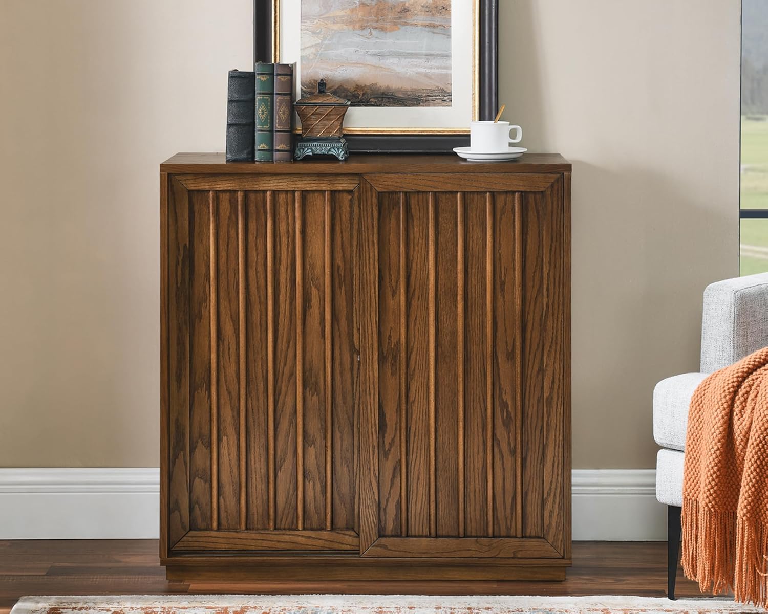 LKTART Mid Century Modern Sideboard Buffet Cabinet with 2 Fluted Sliding Door,Small Storage Cabinet with Outlet Holes for Living Room, Kitchen, Entryway, Hallway 32" Walnut