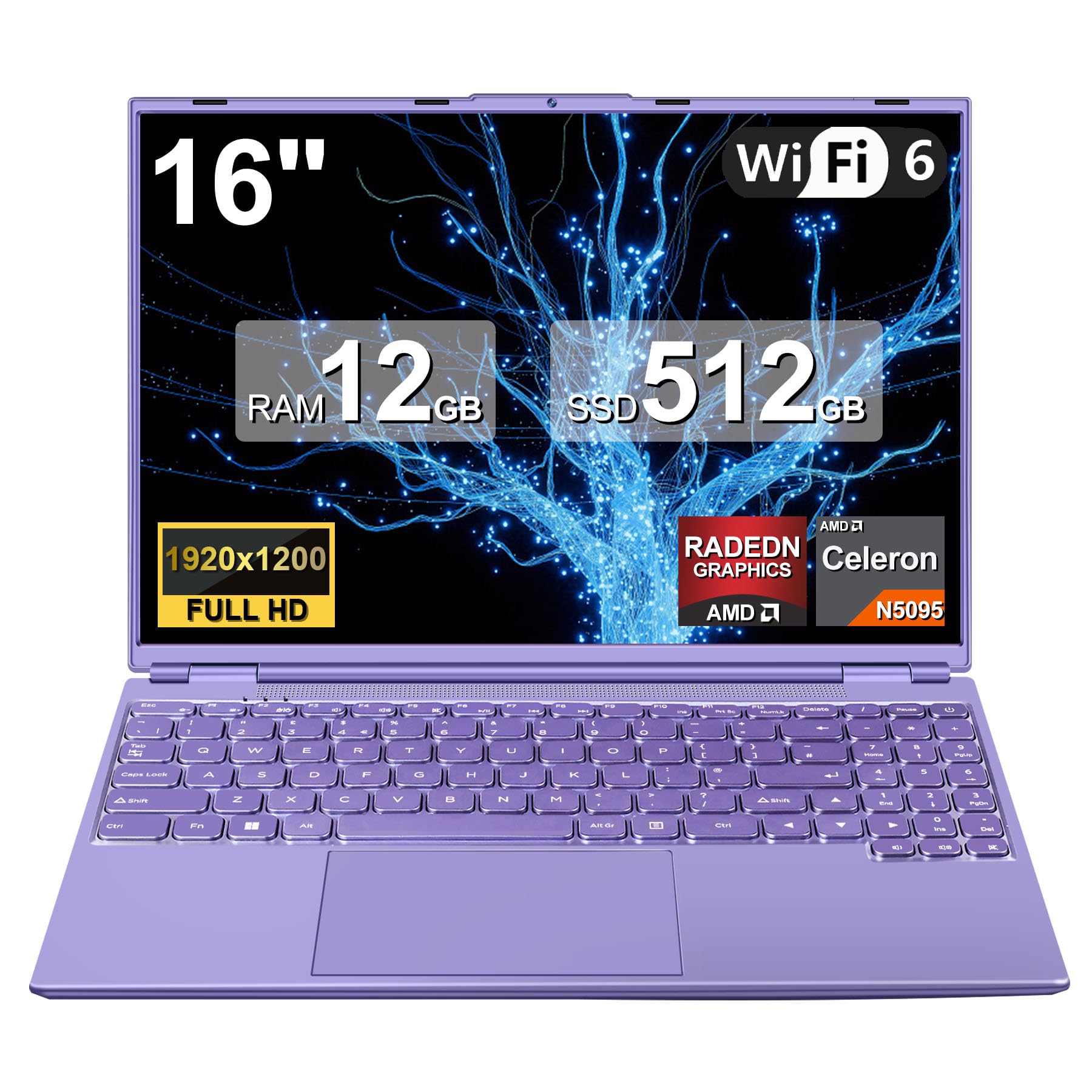 PC Portatile Computer Portatile Laptop Win11 12GB 512GB 1TB SSD Espansione, Notebook 16 Pollici Celeron N5095 (fino a 2.9Ghz) 丨Ventola di Raffreddamento丨5G WIFI丨1920 * 1200 2K Schermo Doppio- Viola