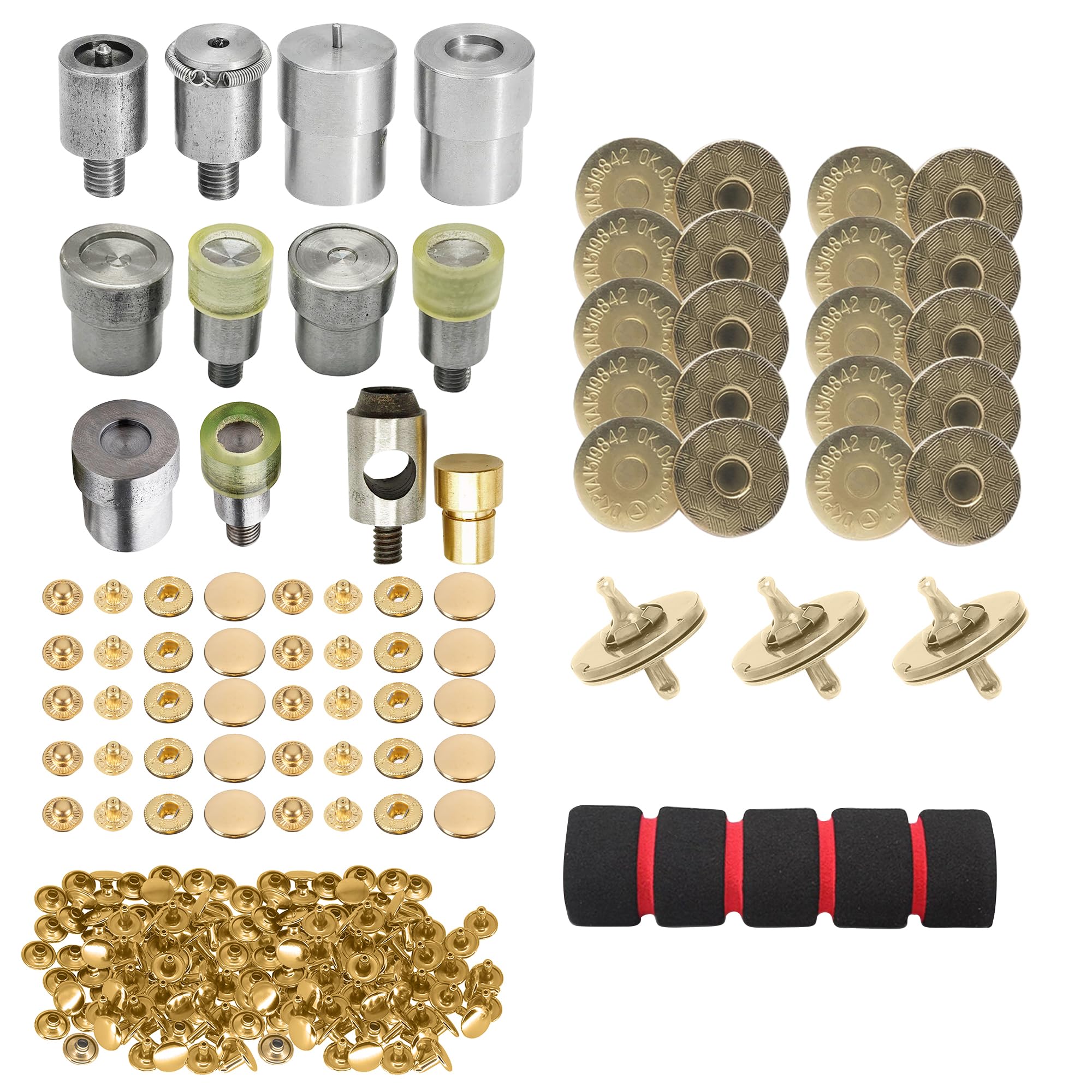 Trimming Shop Kit completo de artesanía en cuero con cierres magnéticos de 14 mm, pernos de presión de resorte en S de 15 mm, remaches de doble tapa de 8 mm, troqueles de prensa manual y agarre de