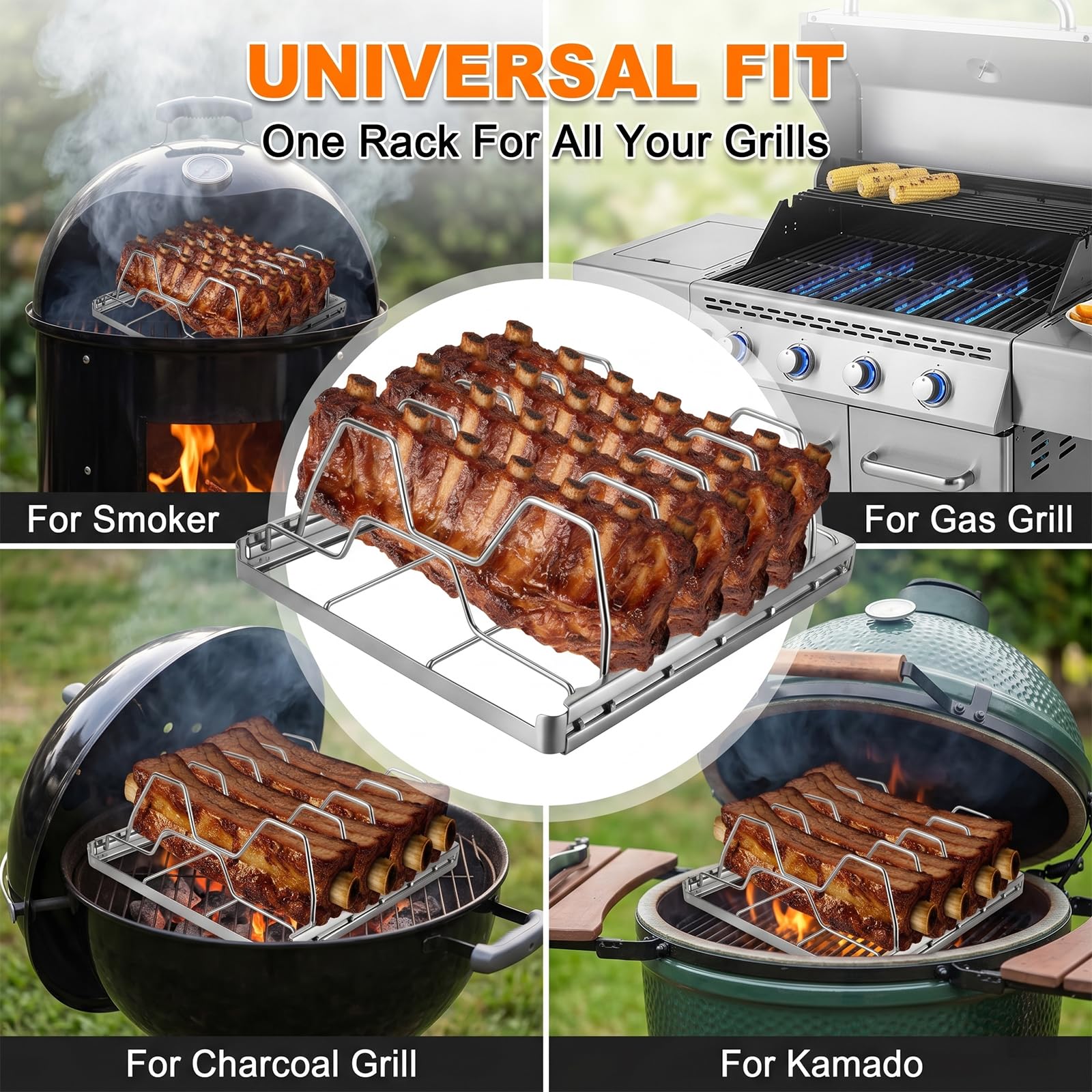 Stojak żeberkowy do grilla, uchwyt żeberkowy ze stali nierdzewnej do grillowania i wędzarni, akcesoria do grilla gazowego, grill węglowy, kuchnia na świeżym powietrzu i grill