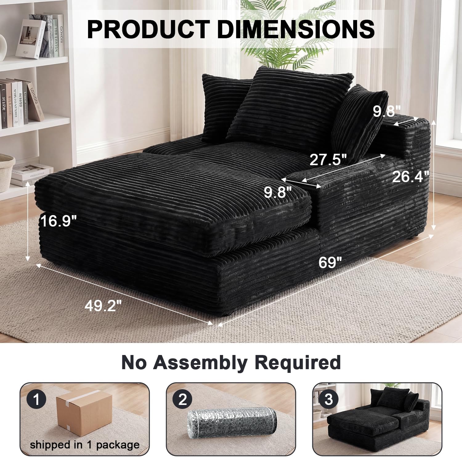 WEUP 69" Indoor Chaise Lounge, Oversized Corduroy Upholstered Armless Sofa Bed, Deep Seat Sleeper Reading Chair, Cloud Sofa for Living Room Bedroom Apartment, No Assembly Required (Black)