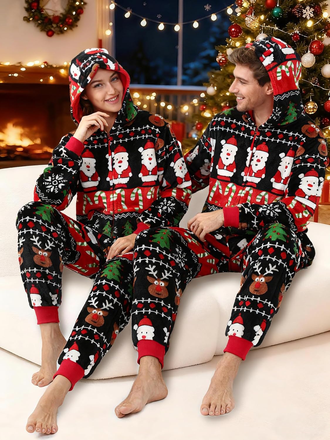 Lifeye Men and Women Christmas Pajamas Flannel Jumpsuit Couple Matching Family One Piece Sleepwear Hooded Zip Homewear - Image 4