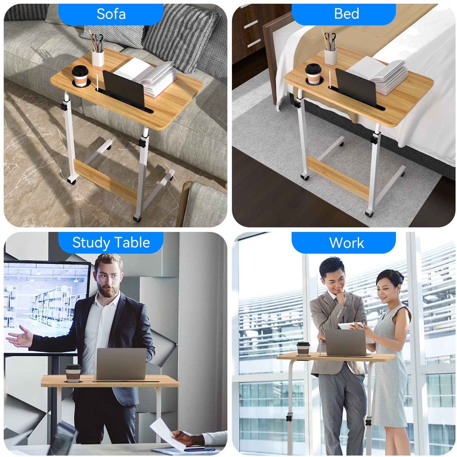 PIPIPOXER Scrivania per Computer, 60x40cm Tavolino Rotante Con Freno, Slot per PC per Tablet Cellulare, Slot per Tazza, Scrivania Mobile Regolabile in Altezza 69-90cm per PC per Tablet Cellulare,Legno