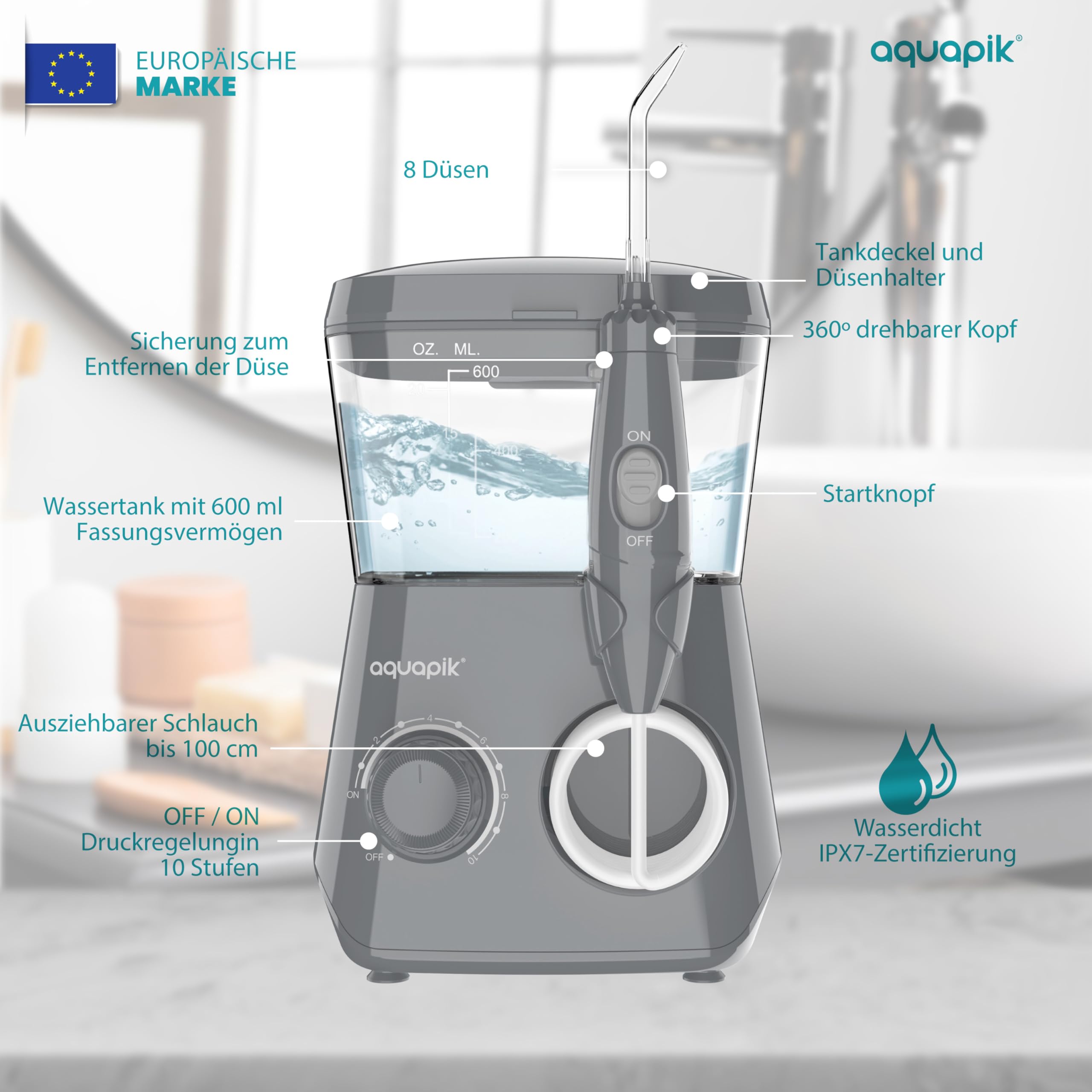 Aquapik® ADVANCED Munddusche | Ideal für Zahnspangen, Implantate und empfindliches Zahnfleisch | Aufhellungs-Kit entfernt Flecken | 10 Druckstufen | 10 Düsen | Von Zahnärzten empfohlen.