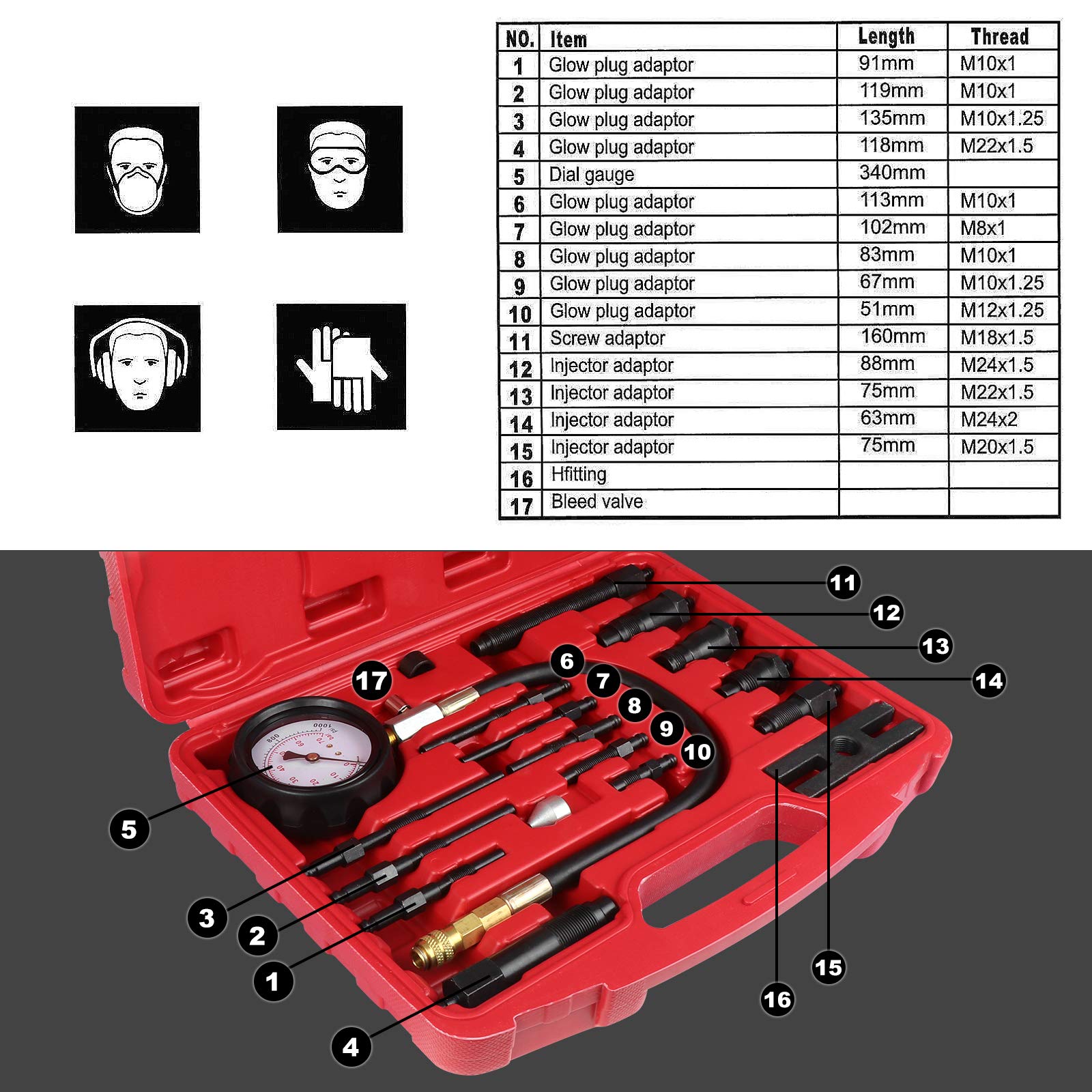 tester compressione motore TDI CDI test diagnostico manometro kit, dispositivo di misurazione 0-1000PSI kit test pressione cilindro motore, per trattori con motori diesel auto