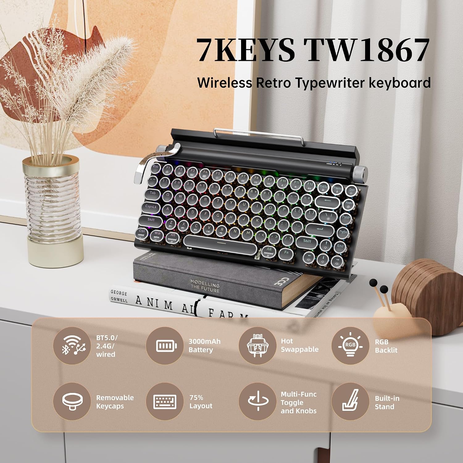 7KEYS Typewriter Keyboard Wireless Retro Style, Vintage Classical Mechanical Keyboard with Bluetooth for IPAD PC/Laptop Mac/Phone (Black+Wrist) image 3
