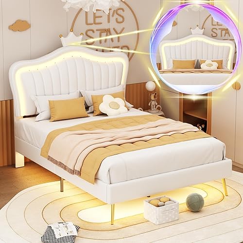 Linique Base de cama tapizada de tamaño matrimonial con luces LED, moderna cama de princesa tapizada con cabecera corona, color blanco