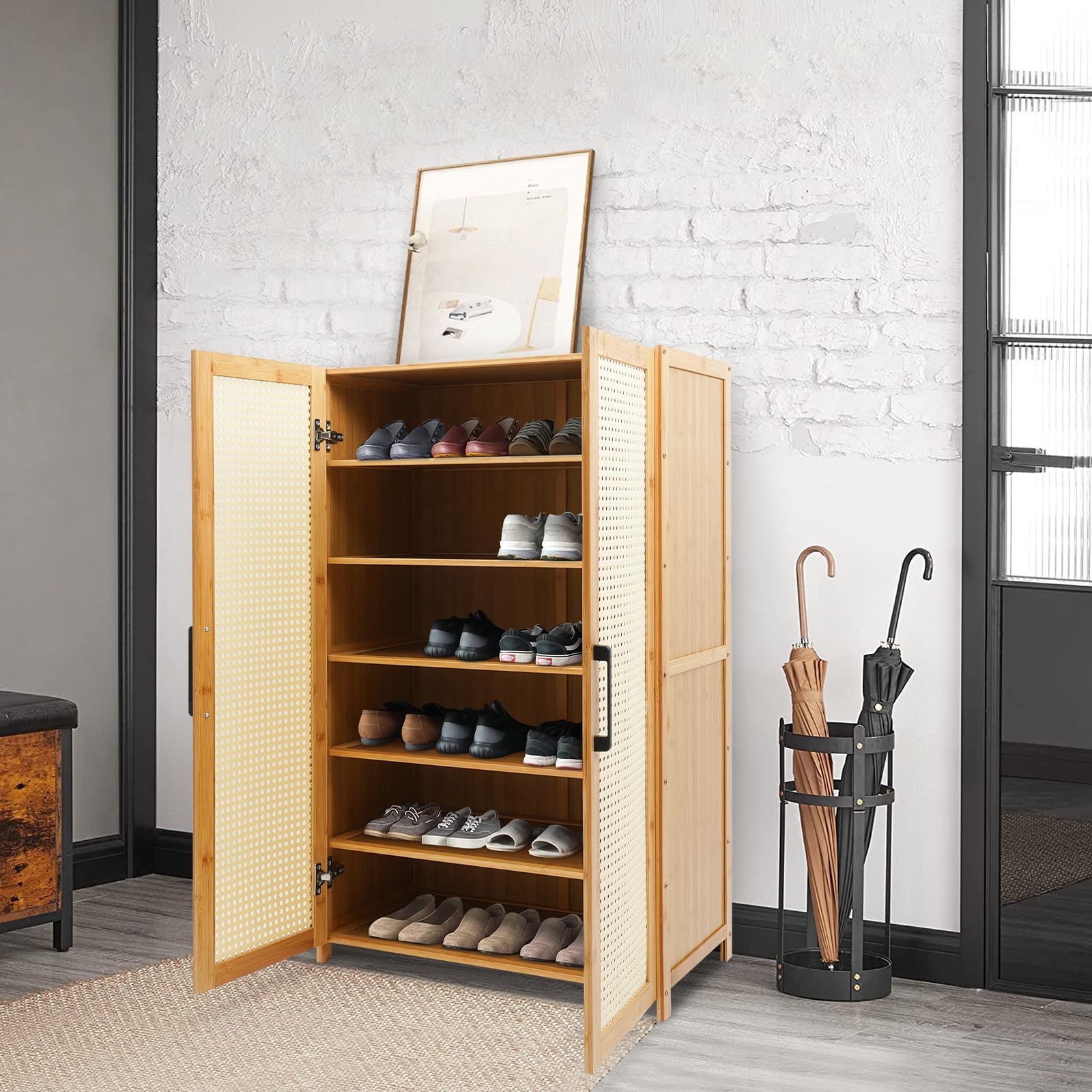 Zapatero de bambú de 6 niveles, 18 – 24 pares de zapatos, zapatero de pie moderno, organizador de zapatos con 2 puertas, bisagra hidráulica para entrada o sala de estar