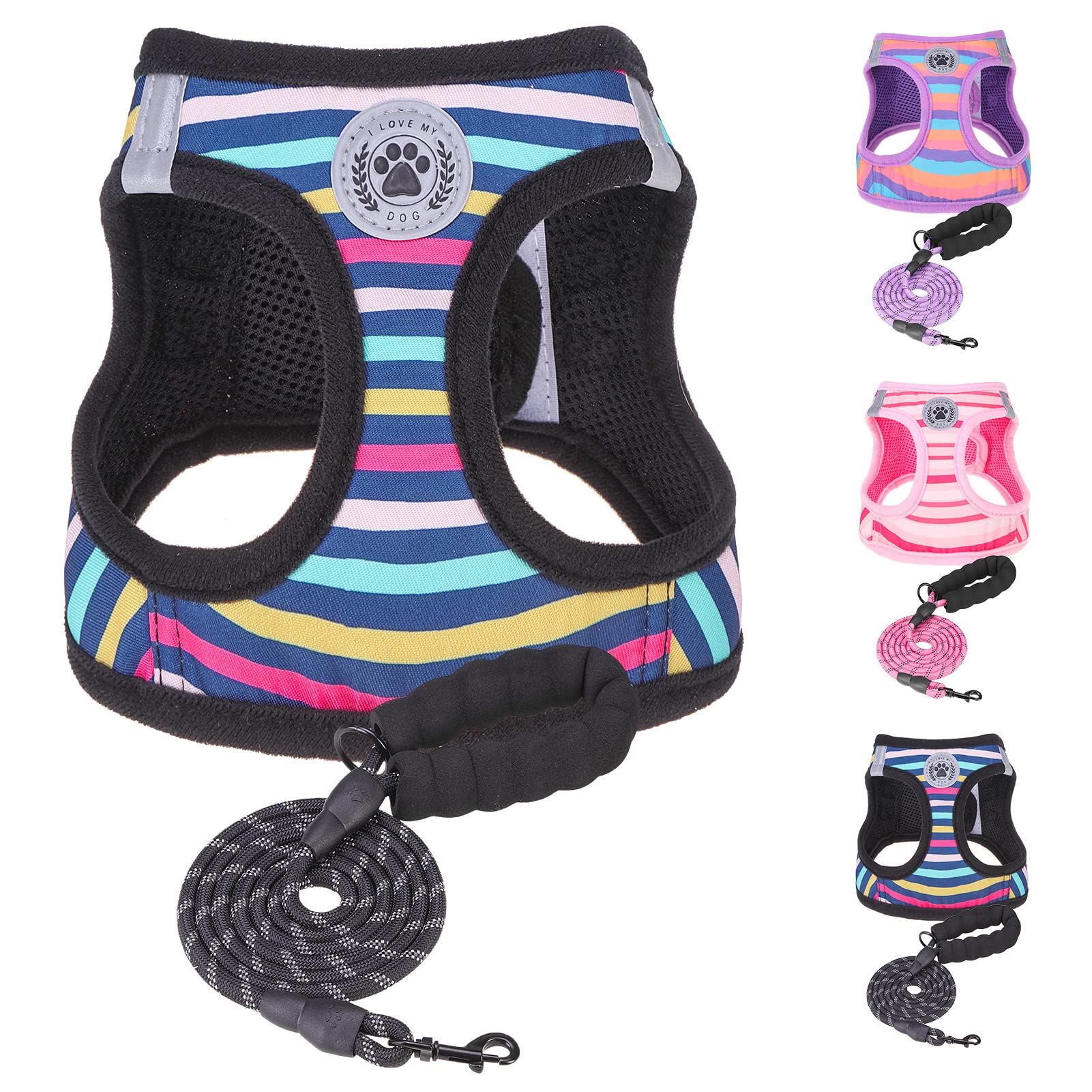 BEAUTYZOO Dog Harness and Leash Set for Small Dogs,No Pull Step-in Harness for Puppy XS S Sized Dogs and Cats,Air Mesh Adjustable Breathable Soft No Chock Escape Proof Vest Harnesses,Striped Teal XXS โ image 1