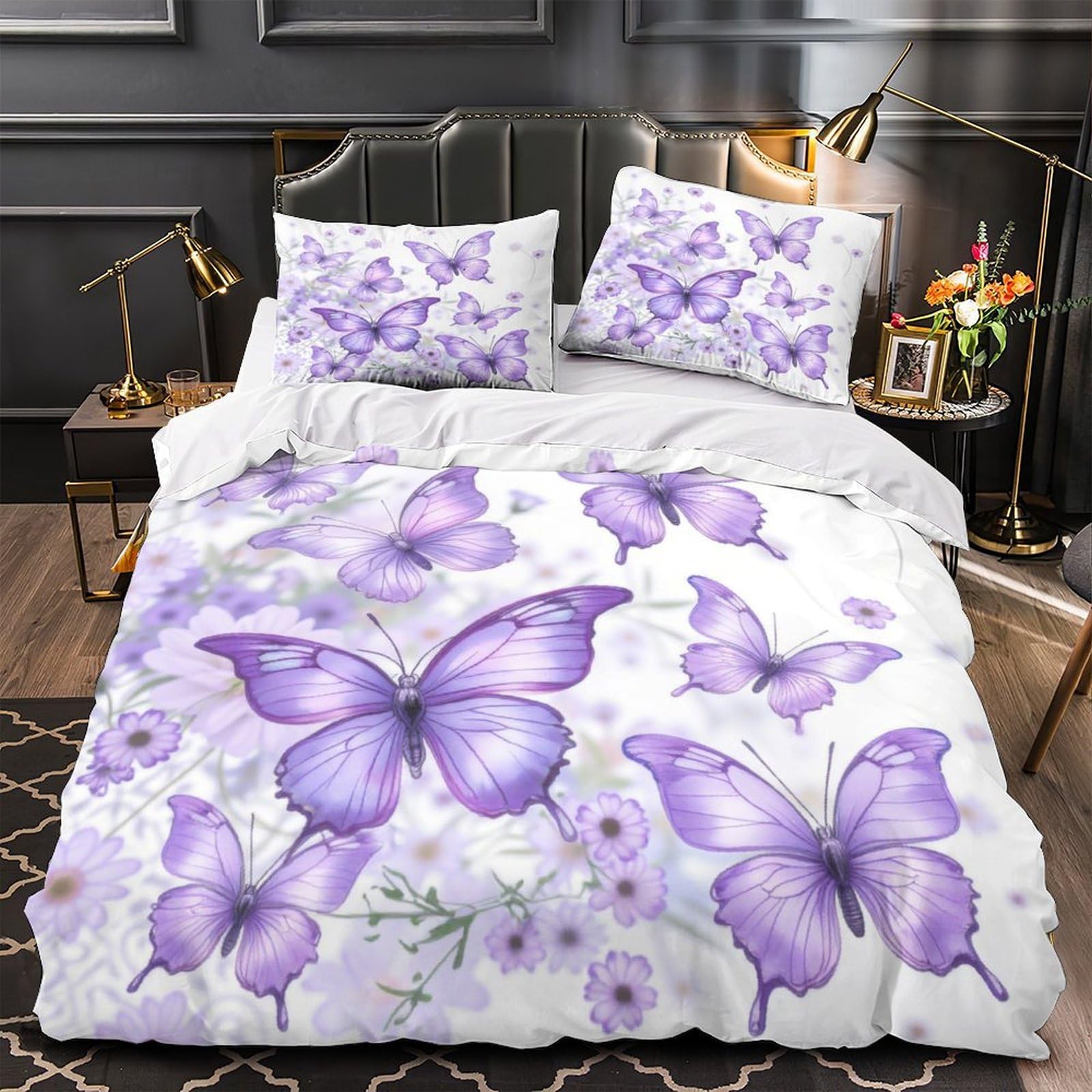 Housse de couette papillons violets pour chambre de fille et ado single
