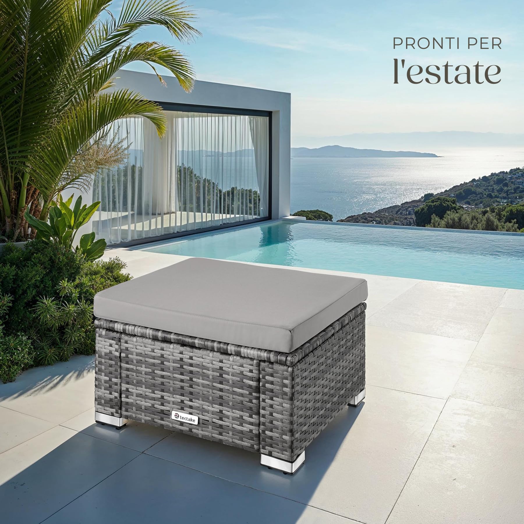 tectake® Pouf in Polyrattan, Arredo da Giardino Elegante e Pratico, Resistente alle Intemperie, Con Cuscino Confortevole, Pouf Sgabello, Ideale per Terrazzo e Balcone – Grigio