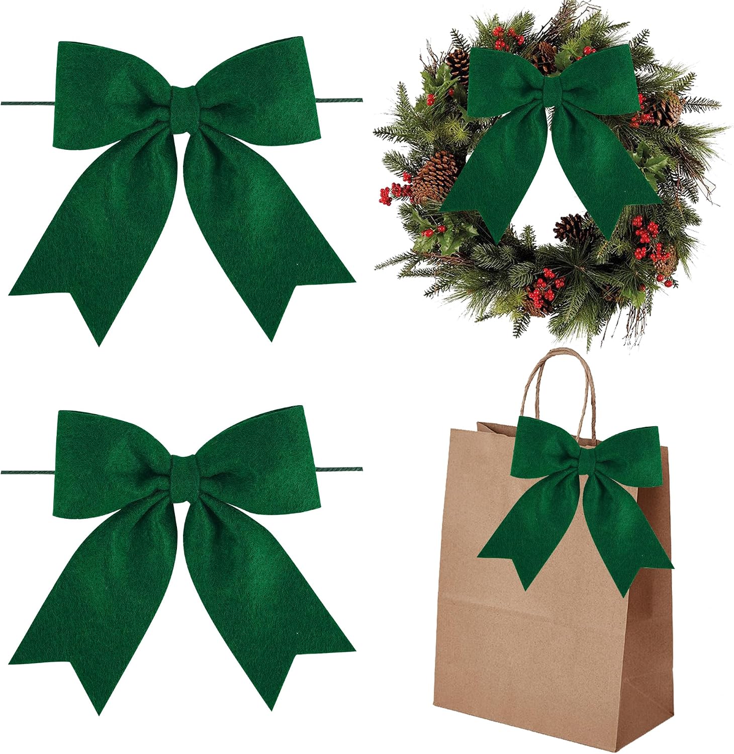 AIMUDI Green Bows for Christmas Tree 5'' Dark Green Hand Felted Christmas Bow for Gift Wrapping Premade Bow for Presents Crafts Wreaths Fireplaces Winter Holiday Christmas Decorations, 24 PCs
