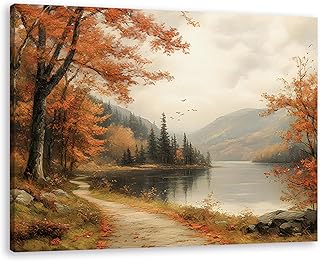 TLESKE Orange Vintage Fall Lake Woodland Landscape Wall Art Decor, Rusti...