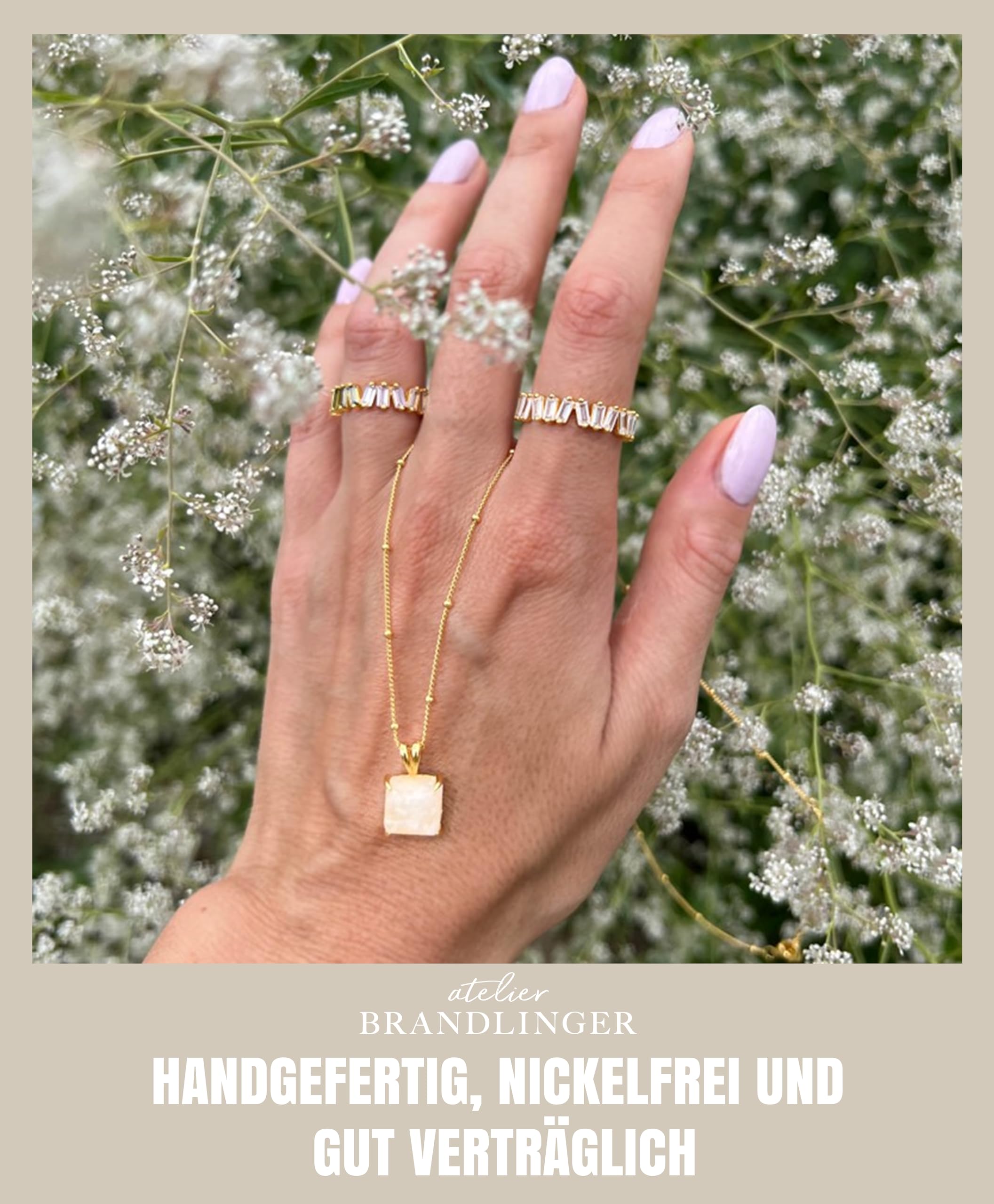 Brandlinger ® Halskette Damen Silber 925. Rosenquarz oder Mondstein Kette. Kette Damen vergoldet mit 18 Karat Gold, Schmuck für Frauen und Mädchen. Kettenlänge verstellbar 45-50cm.