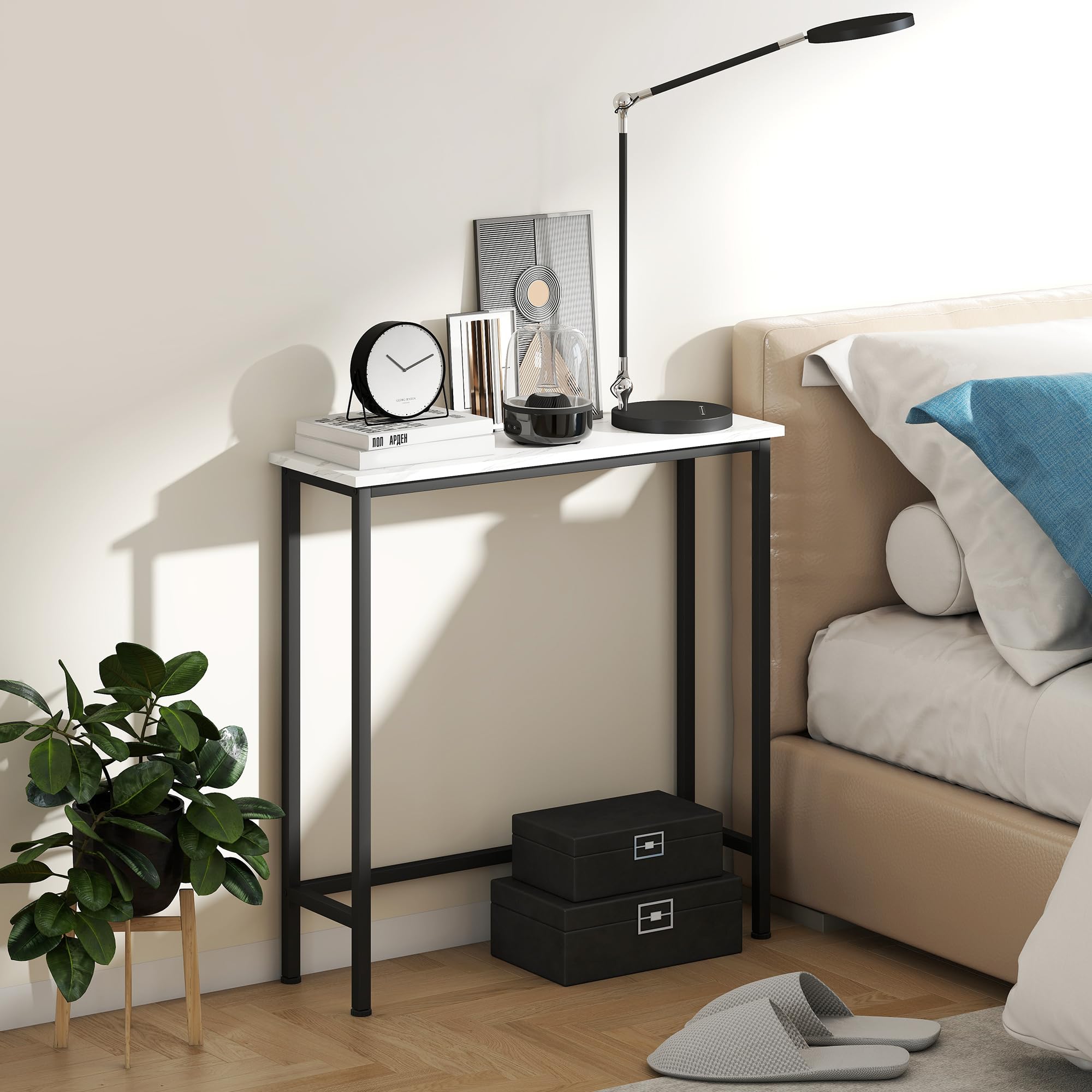 HOMCOM Mesa Consola Moderna Consola Recibidor Estrecha con Superficie con Efecto Mármol y Marco de Metal para Entrada Sala de Estar 75x24x76 cm Blanco y Negro