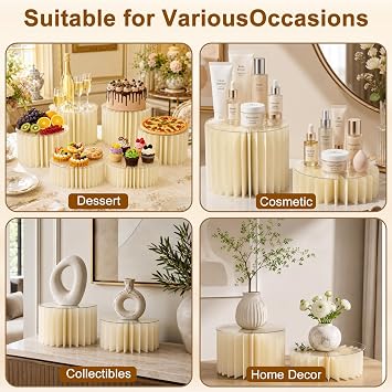 6-Pack Foldable Multi-Height Buffet Risers, White Cardboard Cylinder Stands with Acrylic Plates, Food Buffet Dessert Cake Risers for Wedding Cakes, Dessert Tables, Charcuterie Displays