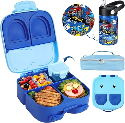 Caja Bento con botella de agua de acero inoxidable aislada de 12 onzas para niños, caja Bento a prueba de fugas con 5 compartimentos y 2 separadores