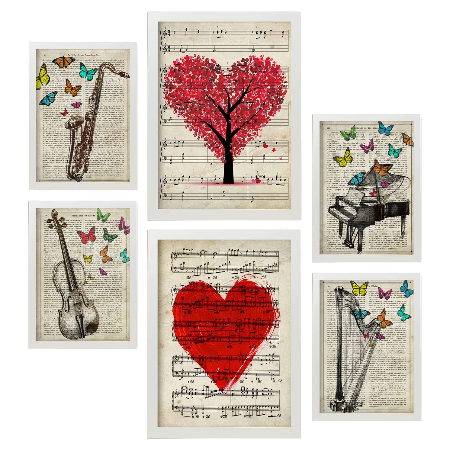 Vintage Musik-Collage, Poster-Set mit Rahmen, 6 Stück, A3 und A4