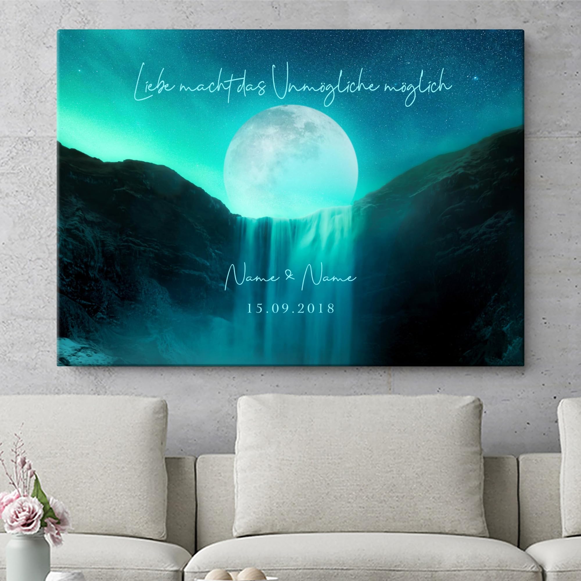 Liebesleinwand Leinwand personalisiert Mond der Liebe | Geschenk für sie oder ihn zum Jahrestag, Verlobung, Hochzeitstag | Leinwandbild gestalten mit Namen und Datum