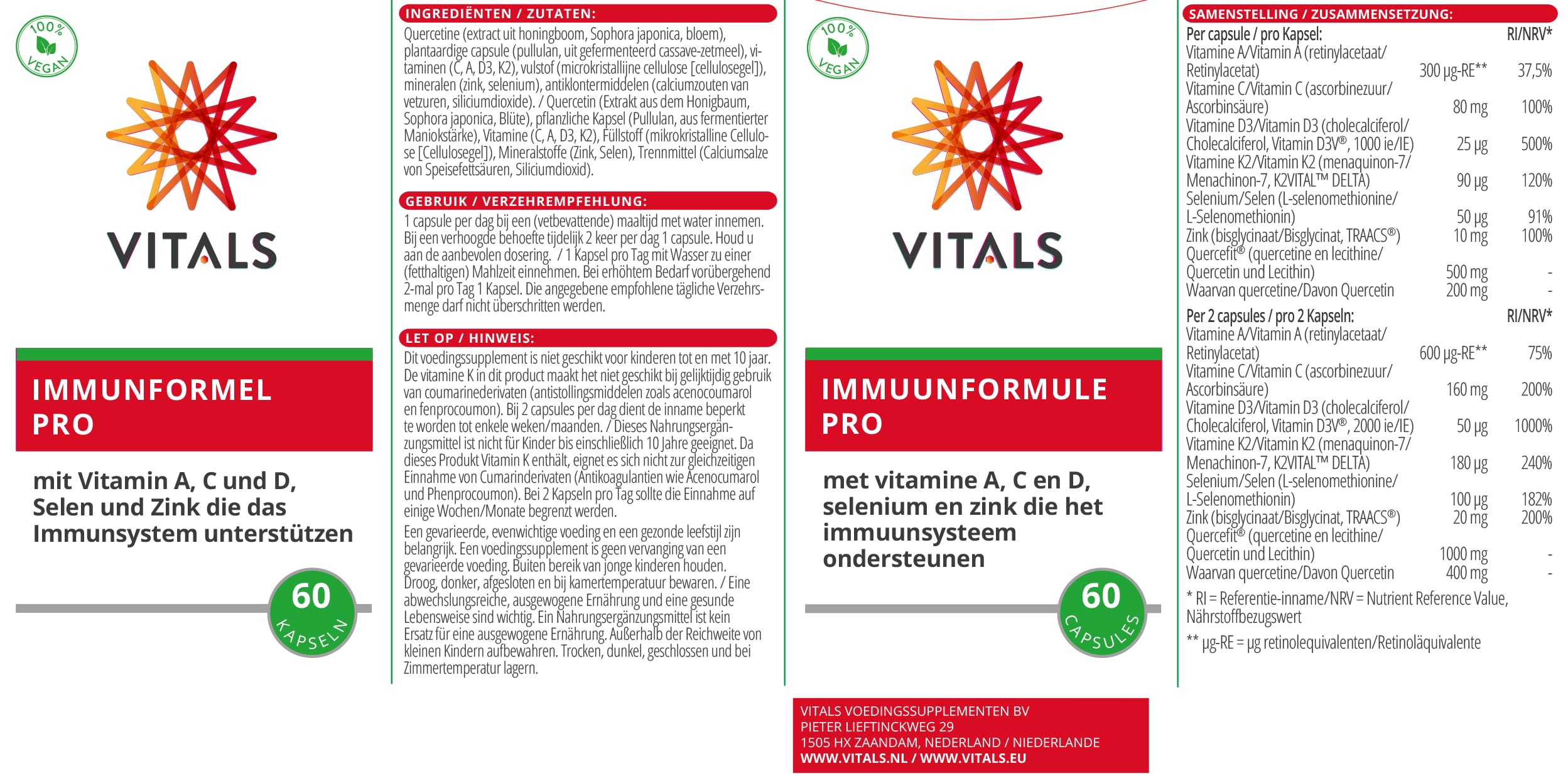 Vitals - Immunformel Pro 60 Kapseln mit Quercetin, Lecithin, Vitamin A, Vitamin C, Vitamin D3, Vitamin K2, Selen und Zink. 100% Vegan. Die wichtigsten Nährstoffe für die Widerstandsfähigkeit.