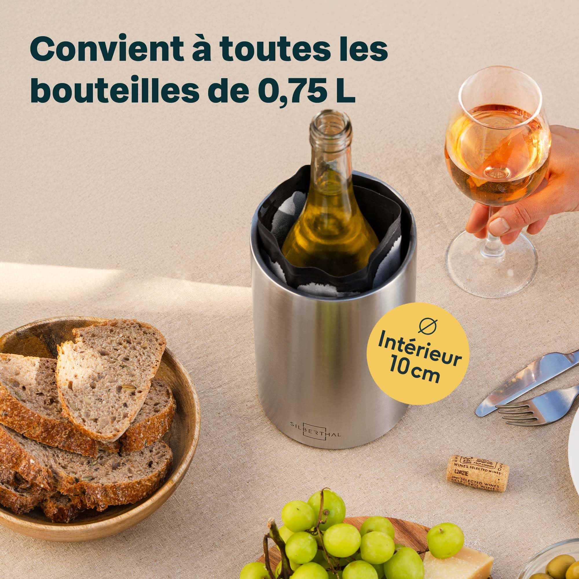 SILBERTHAL set refrigerazione vino in acciaio inox – glacette vino + secchiello ghiaccio 3L con pinza e coperchio – con 2 manicotti refrigeranti – accessori vino e bar