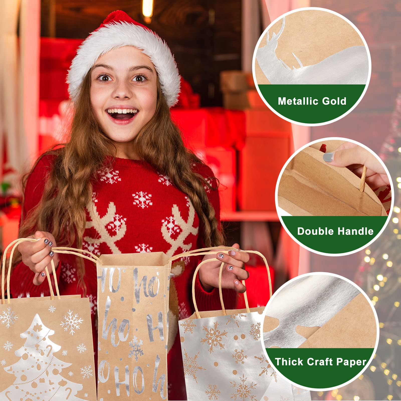 Nezyo 18 Pcs Christmas Kraft Paper Bags Xmas Gift Bags Multipack with Handle Bronzing Metallic Gift Treat Goodie Assorted Sizes Bulk for Holiday New Year Party Packaging Decor(Silver) - Image 3