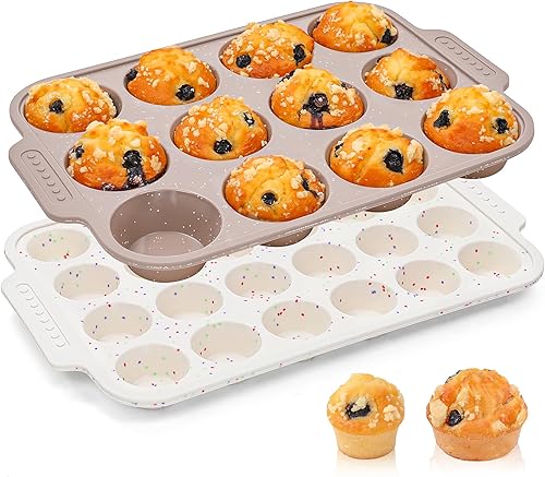 2 moldes de silicona para magdalenas para hornear con marco reforzado de metal, bandeja antiadherente para cupcakes para horno, 12 tazas regulares y