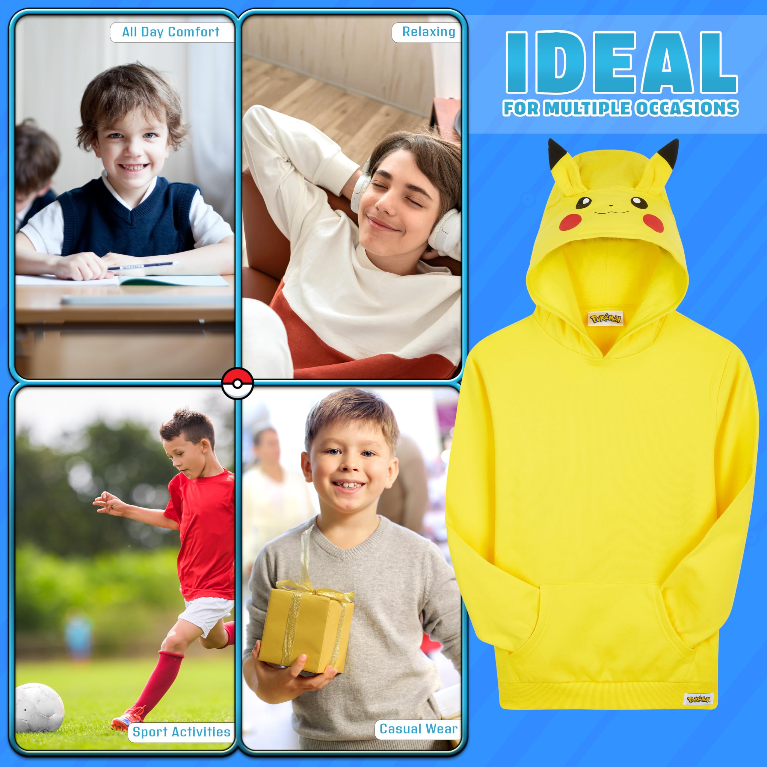 Pokémon Felpe con Cappuccio per Bambini e Ragazzi, Felpa Comoda con Tasca a Canguro