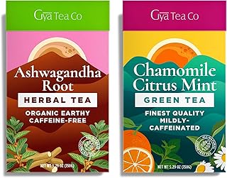 Gya Tea Co Ashwagandha Root Herbal Tea & Chamomile Citrus Mint Green Tea Set - Natural Loose Leaf Tea with No Artificial I...