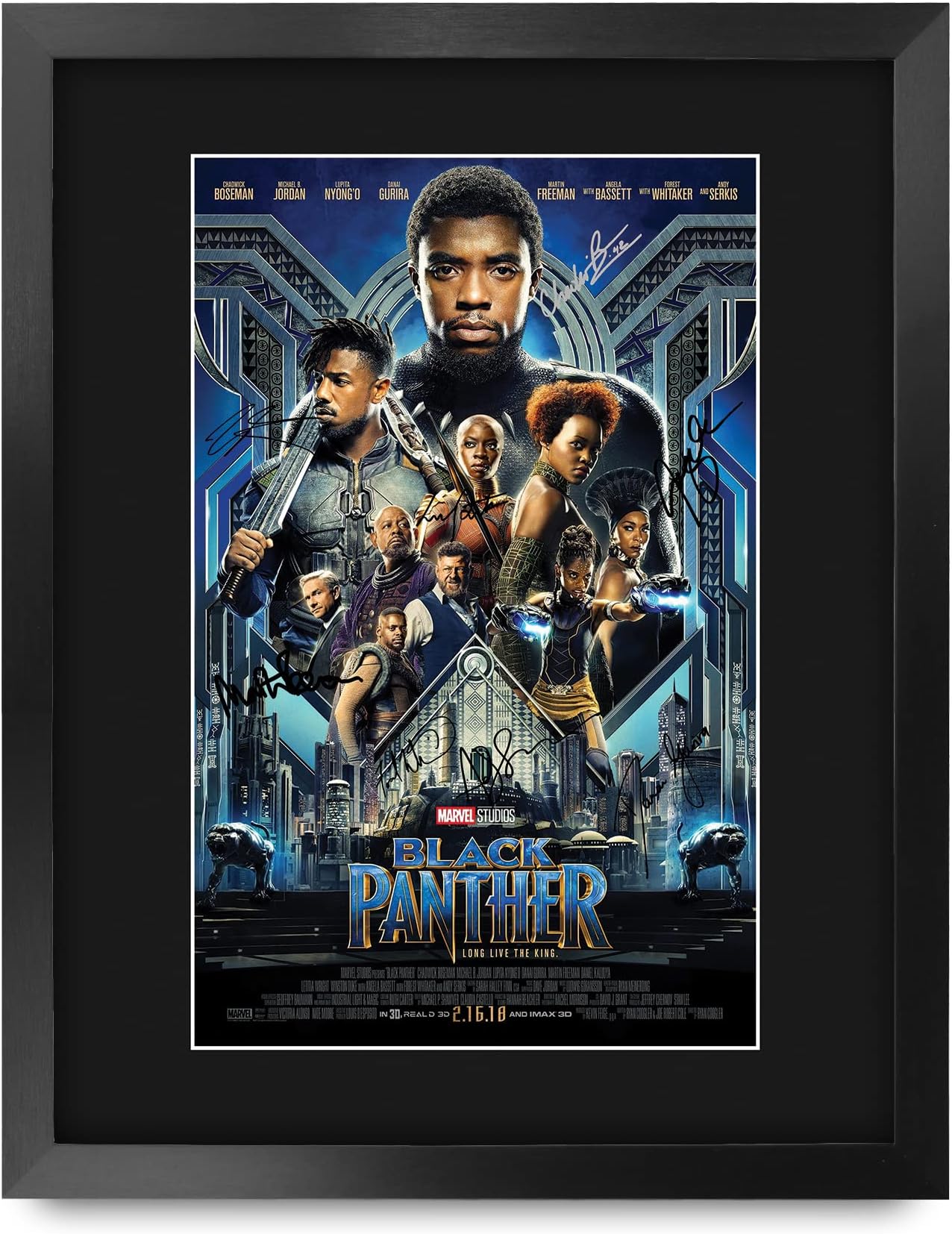 HWC Trading Framed 11" x 14" Print - Black Panther Chadwick Boseman and Cast Gifts Mounted Printed Poster Signed Autograph Picture for Movie Memorabilia Fans
