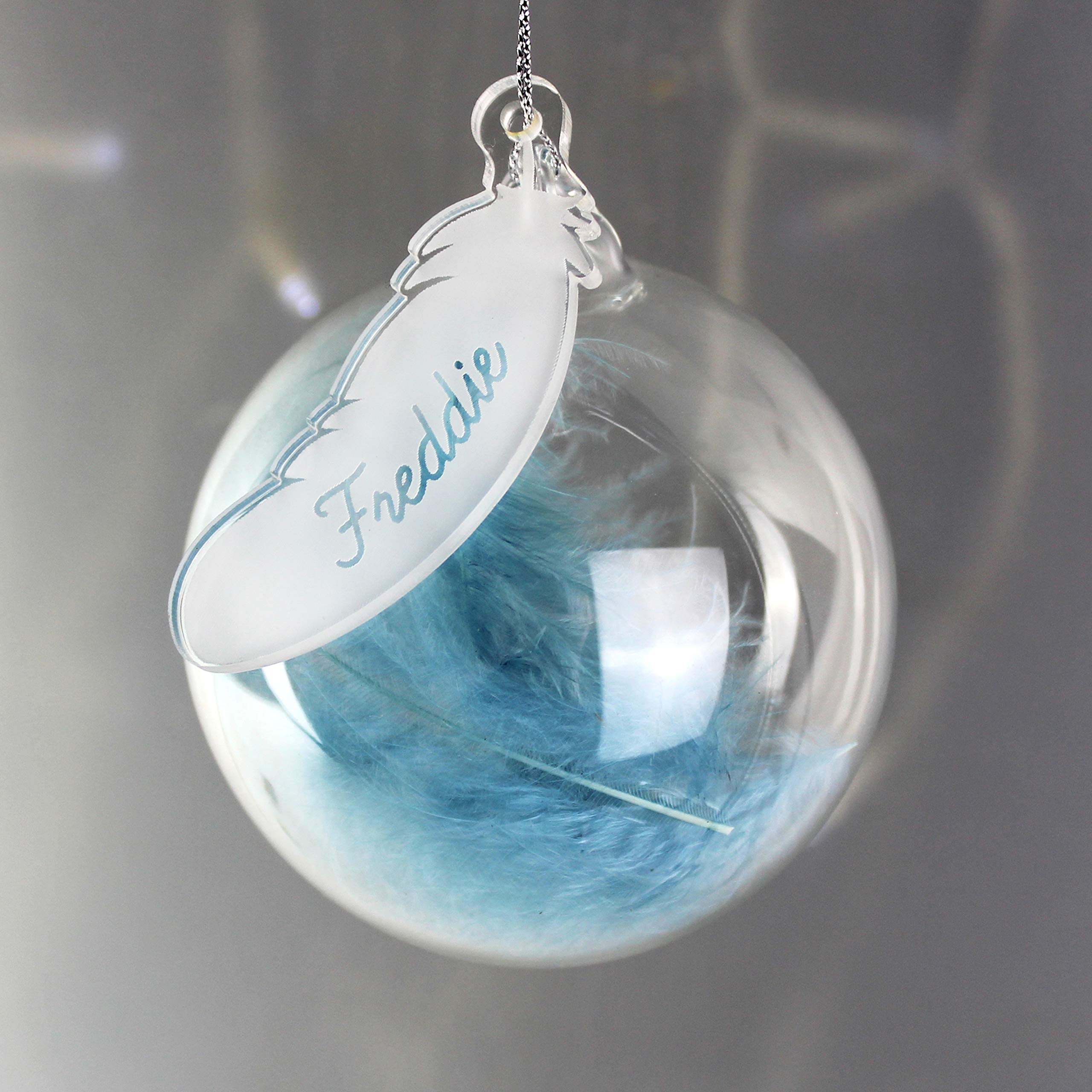 Caleli Gifts Blue Personalised Glass Christmas Bauble. Feather Christmas Tree Decoration