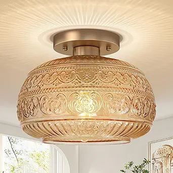 Semi Flush Mount Ceiling Light Fixture, 11" Vintage Gold Hallway Lights Fixture Ceiling with Amber Glass for Kitchen, Hallway, Bathroom and Entry Way,Compatible with E26 Light Bulb