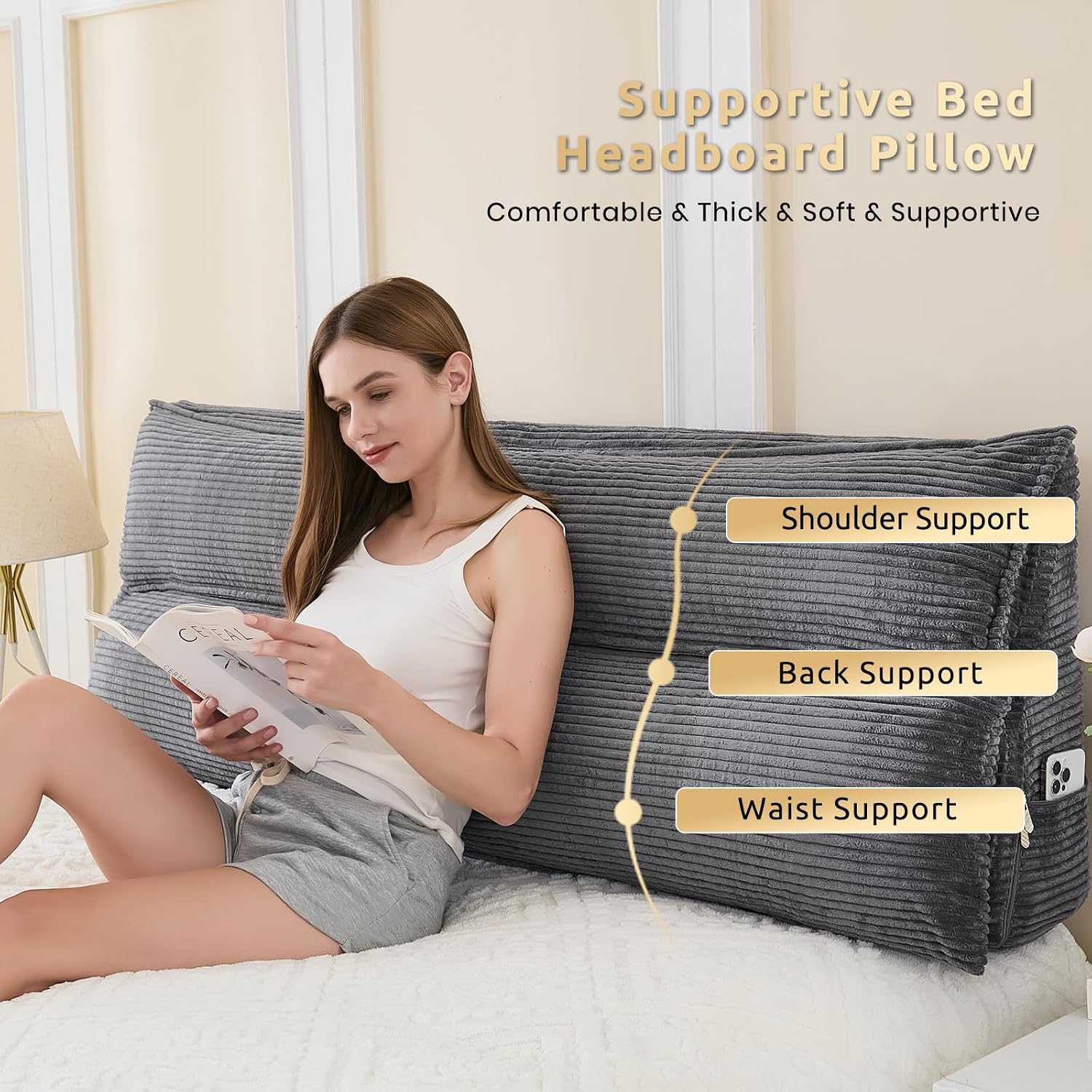 Zelladorra Wedge Pillow Headboard, Headboard Pillow Queen for Reading or Sitting, Bolster Pillow with Large Memory Foam, Removable Cover, Dark Grey