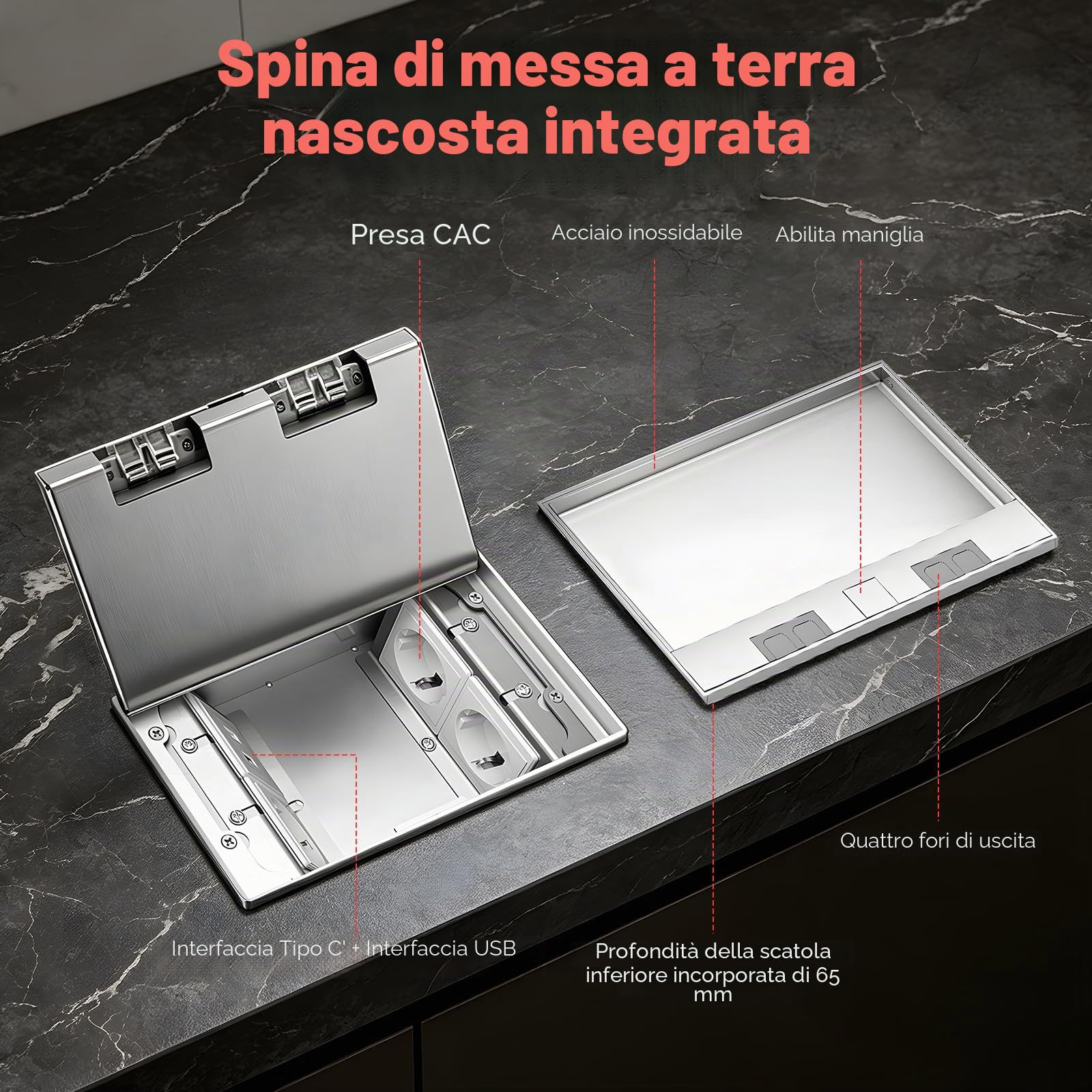 Presa Da Incasso A Pavimento, 4000W 16A Presa Nascosto Da Incasso Multifunzionale Scatola Impermeabile Scatola Interrata In Acciaio Inox Con 3 Prese EU e USB + Tipo C Per Cucina Soggiorno E Ufficio