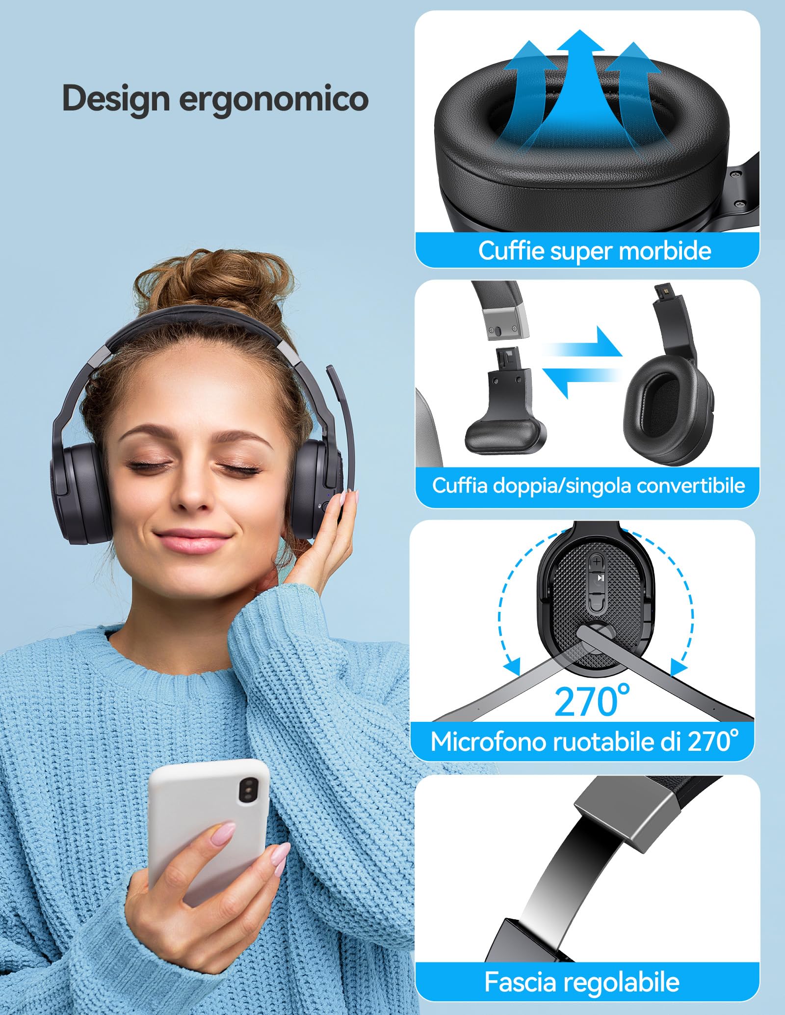 TECKNET Cuffie Bluetooth con microfono, USB dongle cancellazione del rumore singolo e doppio auricolare senza fili con 3 modalità di musica EQ, cuffie PC per call center, ufficio, camion