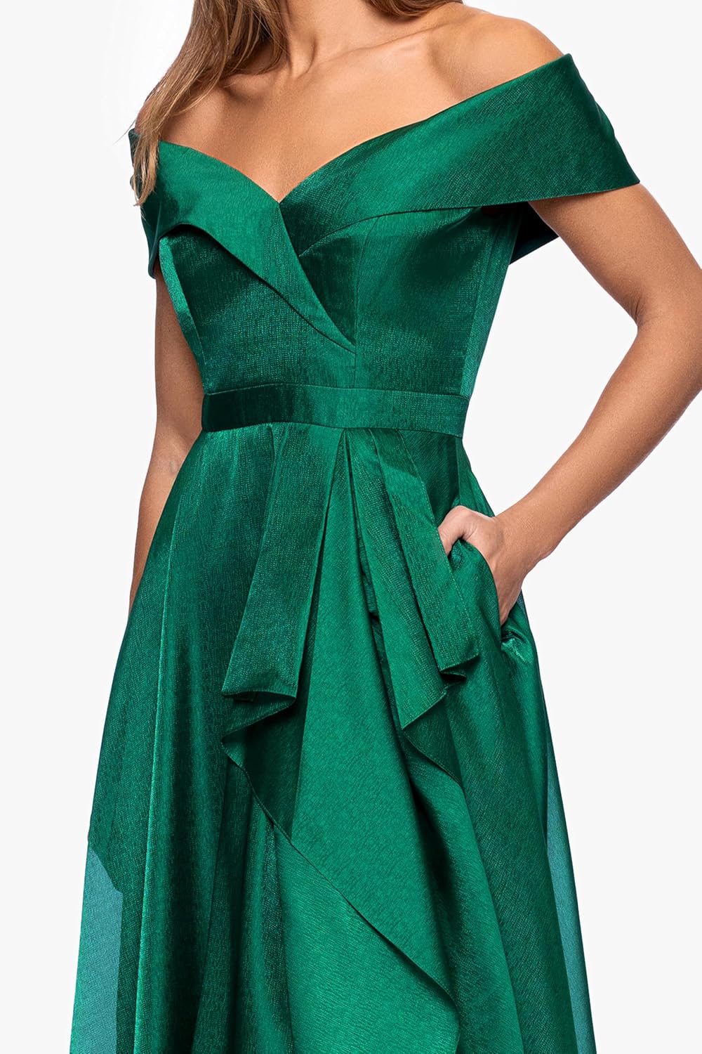 Xscape Women's Organza Off The Shoulder Ruffle Draped A-line Floor Length Dress