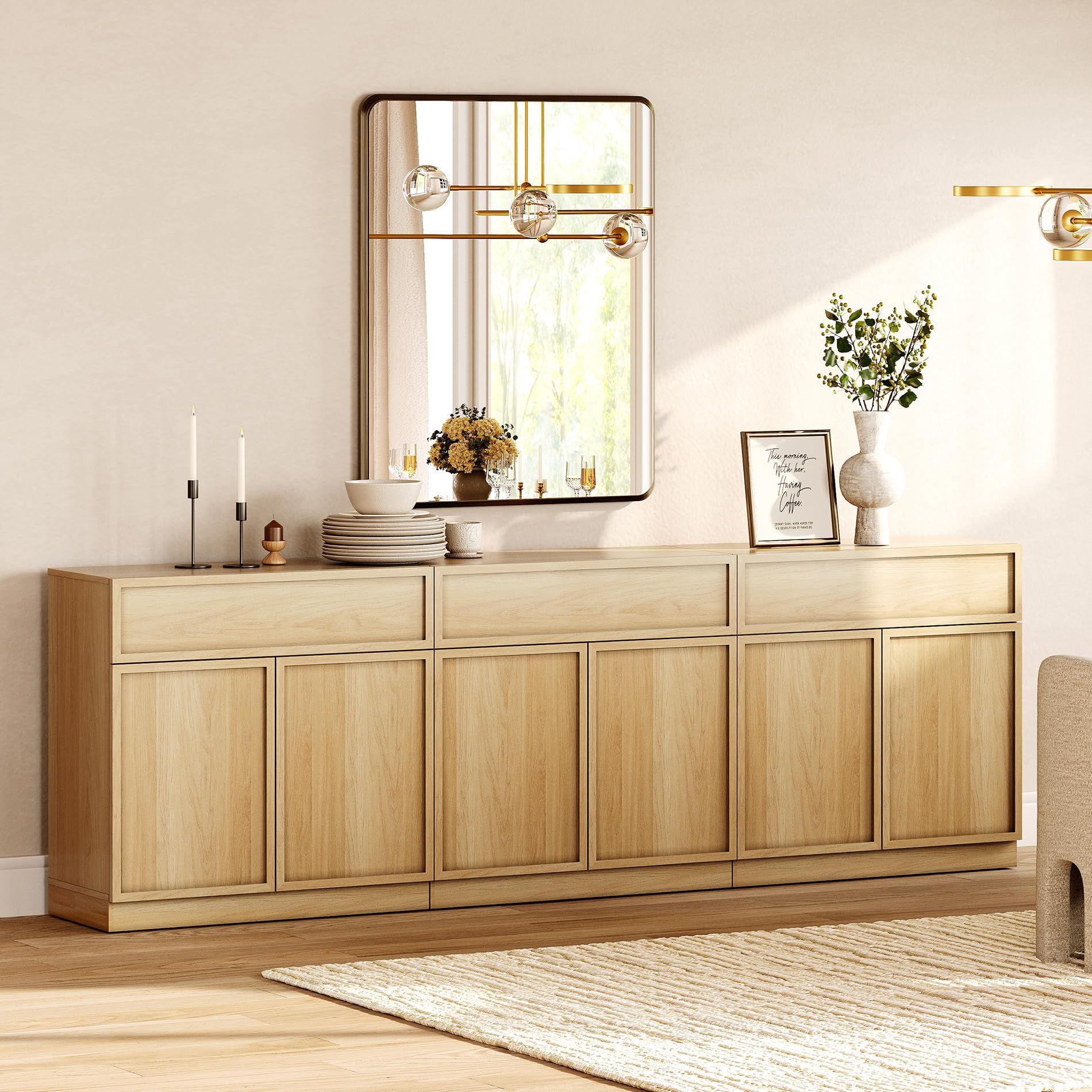 WAMPAT 94.5" Modern Sideboard Buffet Cabinet with 6 Doors and Drawers, Multifunctional Sideboard with Large Storage and Adjustable Shelf, Coffee Bar Storage Cabinet for Kitchen, Living Room, Oak