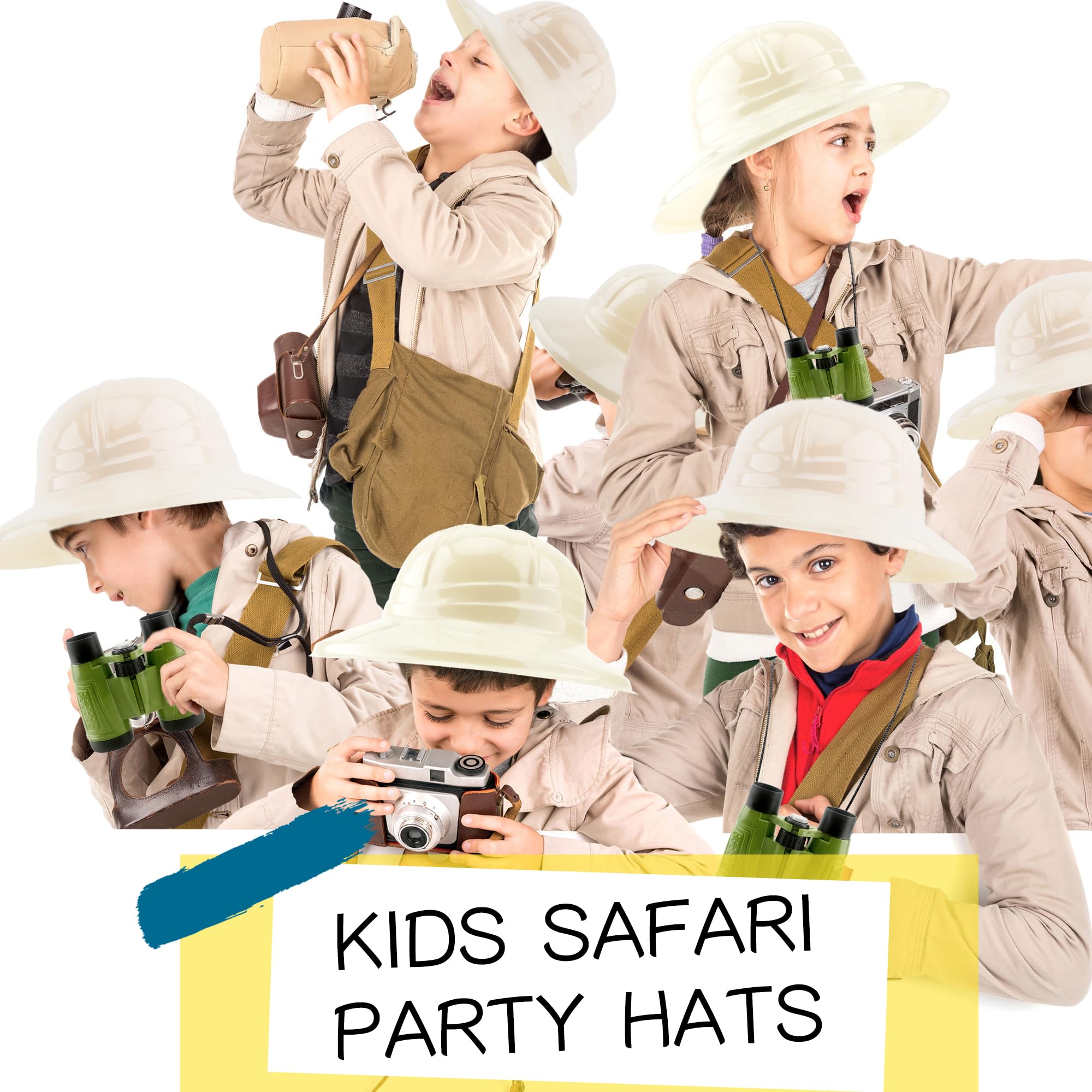 Puteraya 16 Pcs Kids Safari Party Favors Kit 8 Plastic Binoculars Toys 8 Explorer Hats for Boys Girls Bird Watching Costume Dress Up Gifts Jungle Pretend Play - Image 3