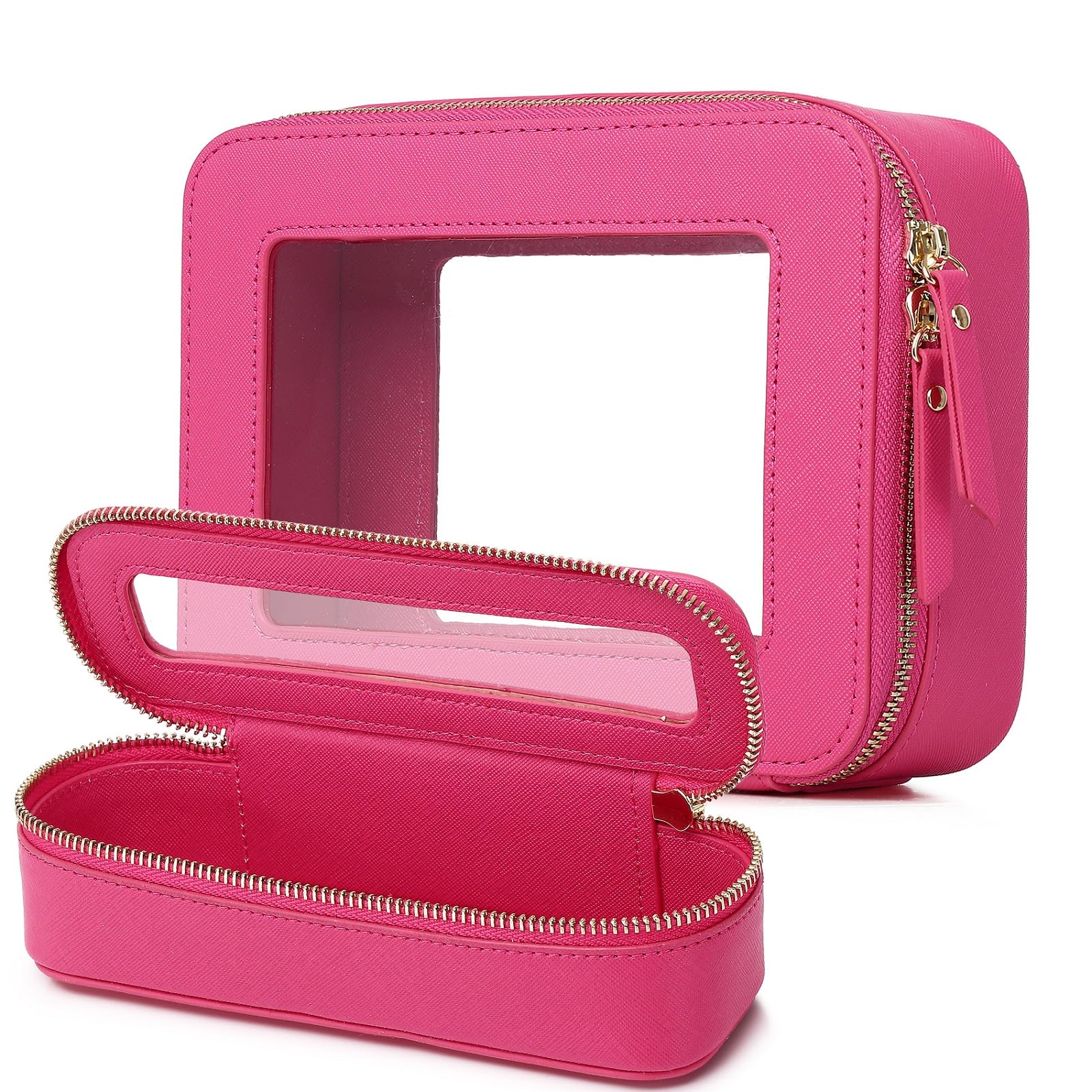 Clear Travel Makeup Bag with Brush Case Portable Transparent Cosmetic Bag and Toiletry Bag Waterproof Makeup Organizer with Zipper Car Essential for Women (Fuxia, M+Slim)