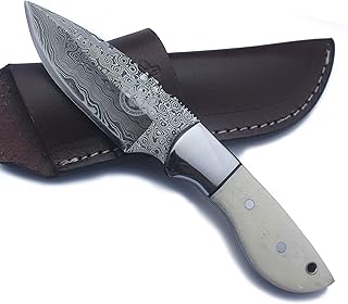 Handmade Damascus Steel Knife Fixed Blade for Skinning, Hunting, Camping and Survival with Full Tang Camel Bone Handle and Cowhide Leather Sheath - DCX17-7 - WolfKlinge