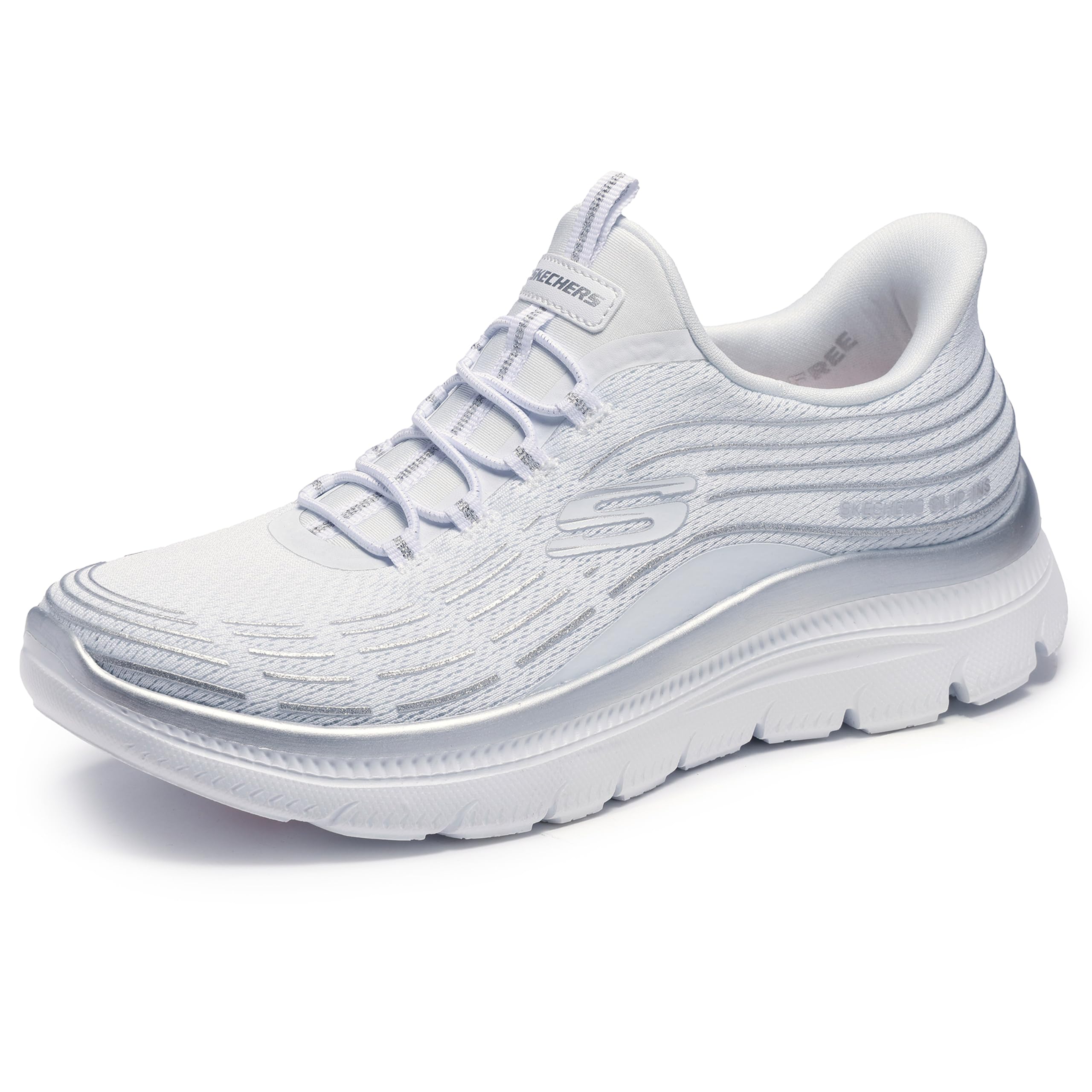 Skechers Damen Summits Plus Soft Luster Slip-InTurnschuhe, White Mesh/Silver Trim, 42 EU