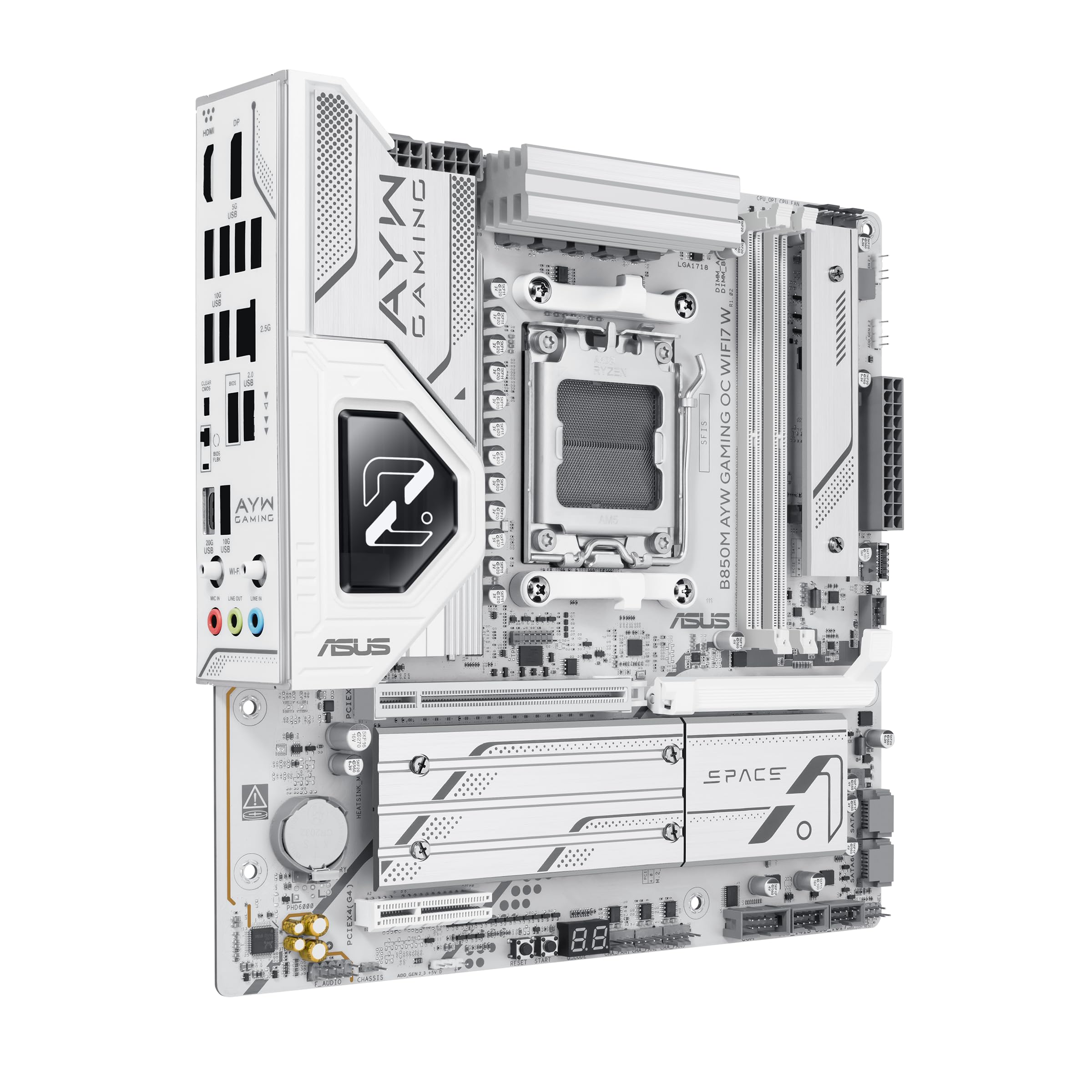 ASUS B850M AYW Gaming OC WIFI7 W, Placa Base AMD Micro-ATX, 12+2+1 Fases de alimentación, DDR5, PCIe 5.0, 3 Ranuras M.2, Wi-Fi 7, Ethernet Realtek 2.5 GB, USB-C de 20 y 10 Gbps, BIOS Flashback, Aura