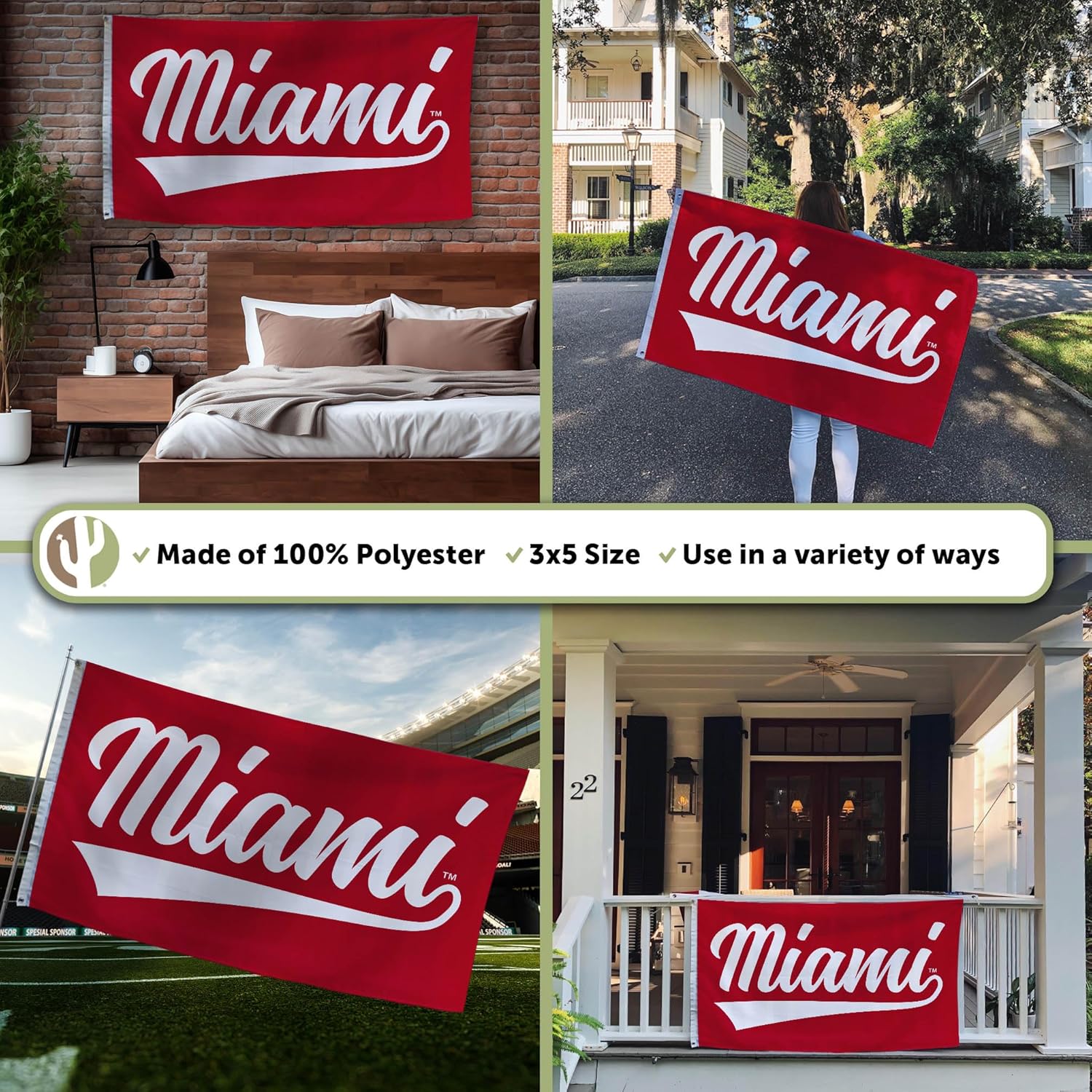 Desert Cactus Miami University MUOH Flag - 3 x 5 Feet Redhawks Banner, Indoor/Outdoor Durable Fabric, 100% Polyester Design (Style 7) - Image 3