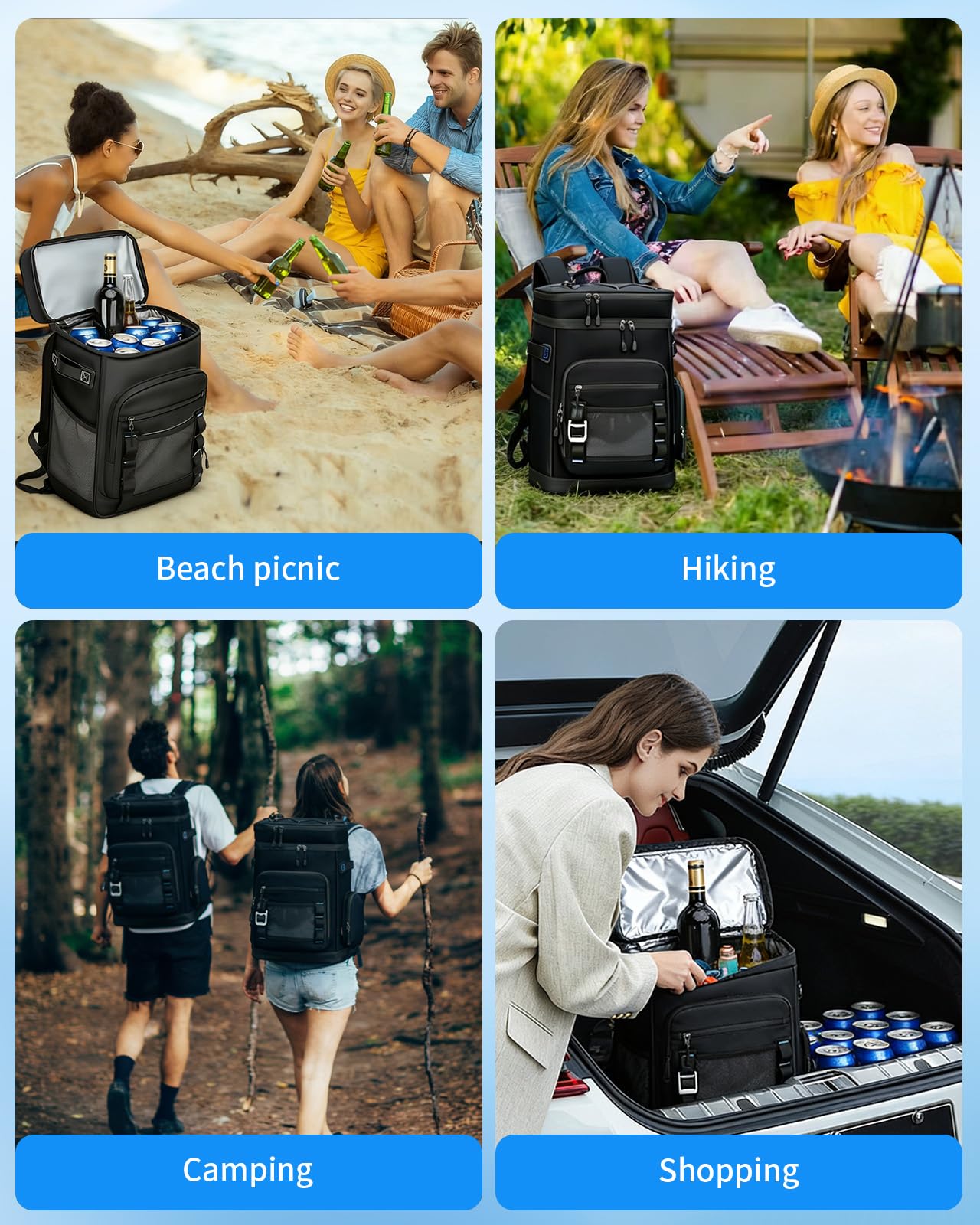 Sac à Dos Isotherme à Glacière 30L, Portable Sac Isotherme Repas Impermeable pour Travail, Camping, Nique, Plage, BBQ, Camping, Randonnée - Noir